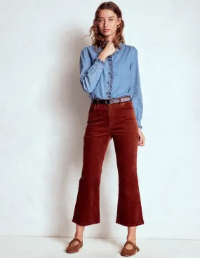 Raw Hem Design 5-Pocket Cord Kick Jeans-Fired Brick