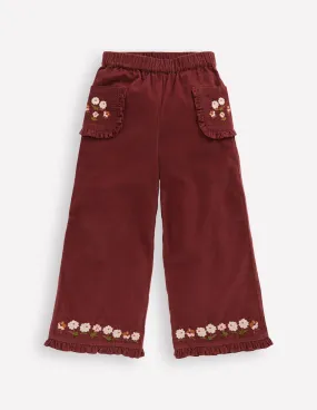 Embroidered Frill Trousers-Chestnut Embroidery Slim Wear Design QuickReleaseFastenings