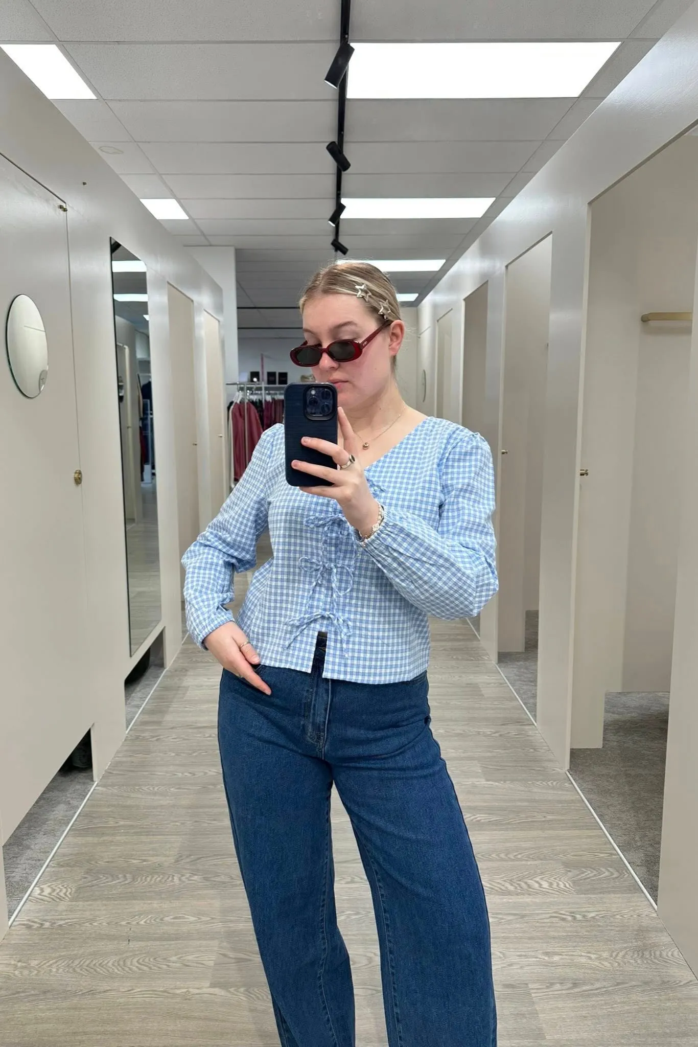 Shine On Label Sharin Top Blue Gingham ErgonomicSleeves