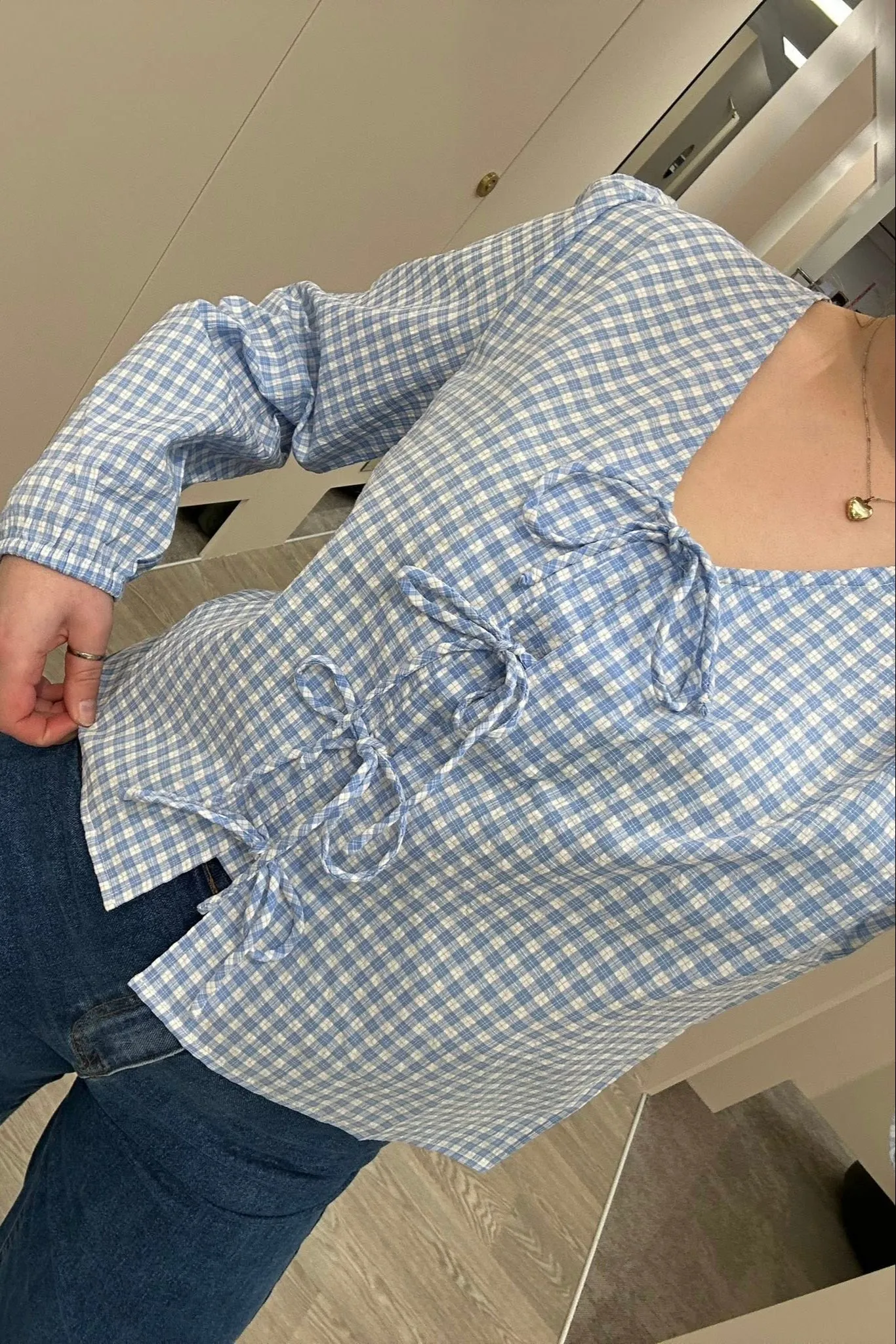 Shine On Label Sharin Top Blue Gingham Lightweight Material Durable Fiber Blend