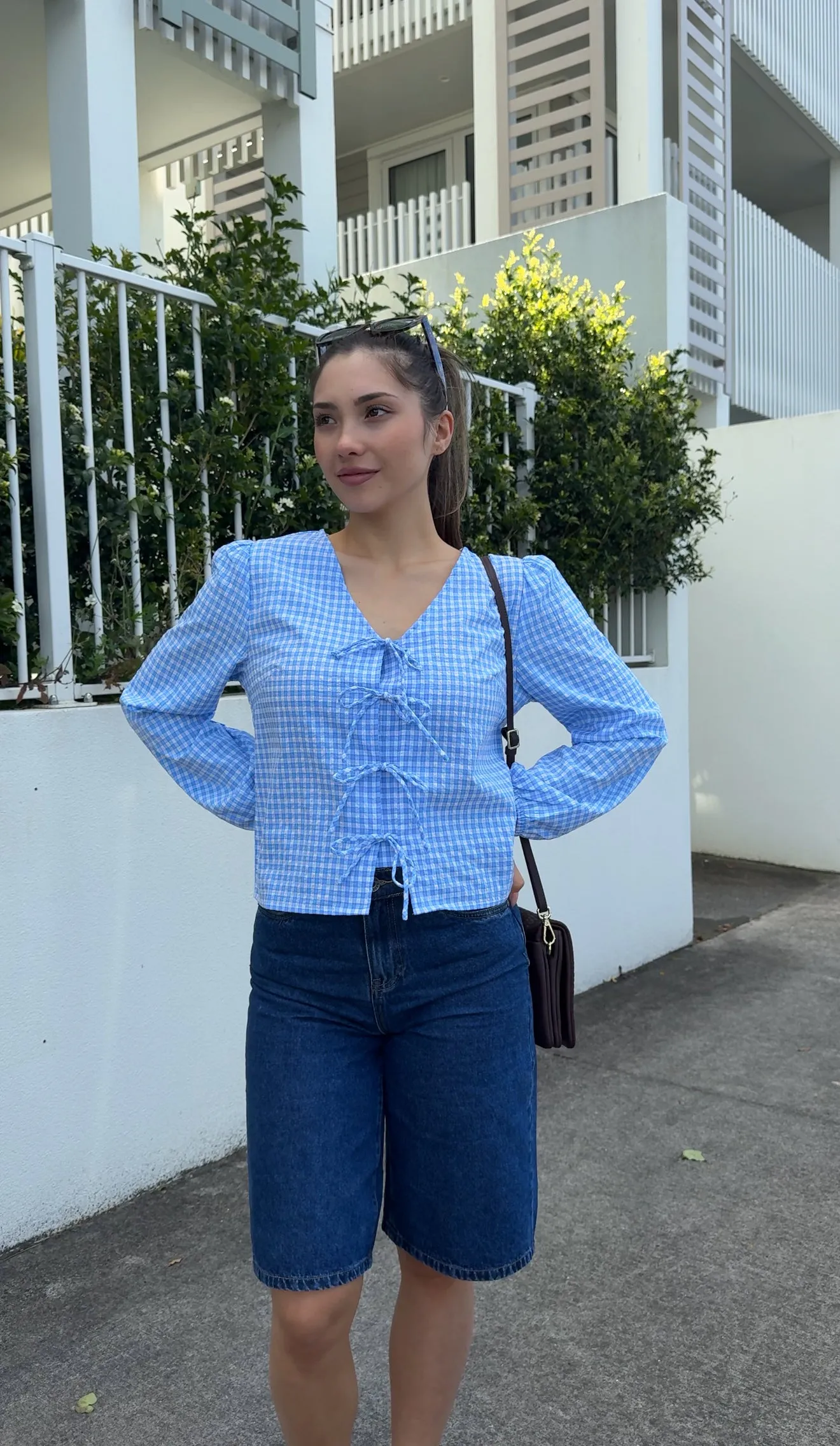 Breathable3DKnit Shine On Label Sharin Top Blue Gingham