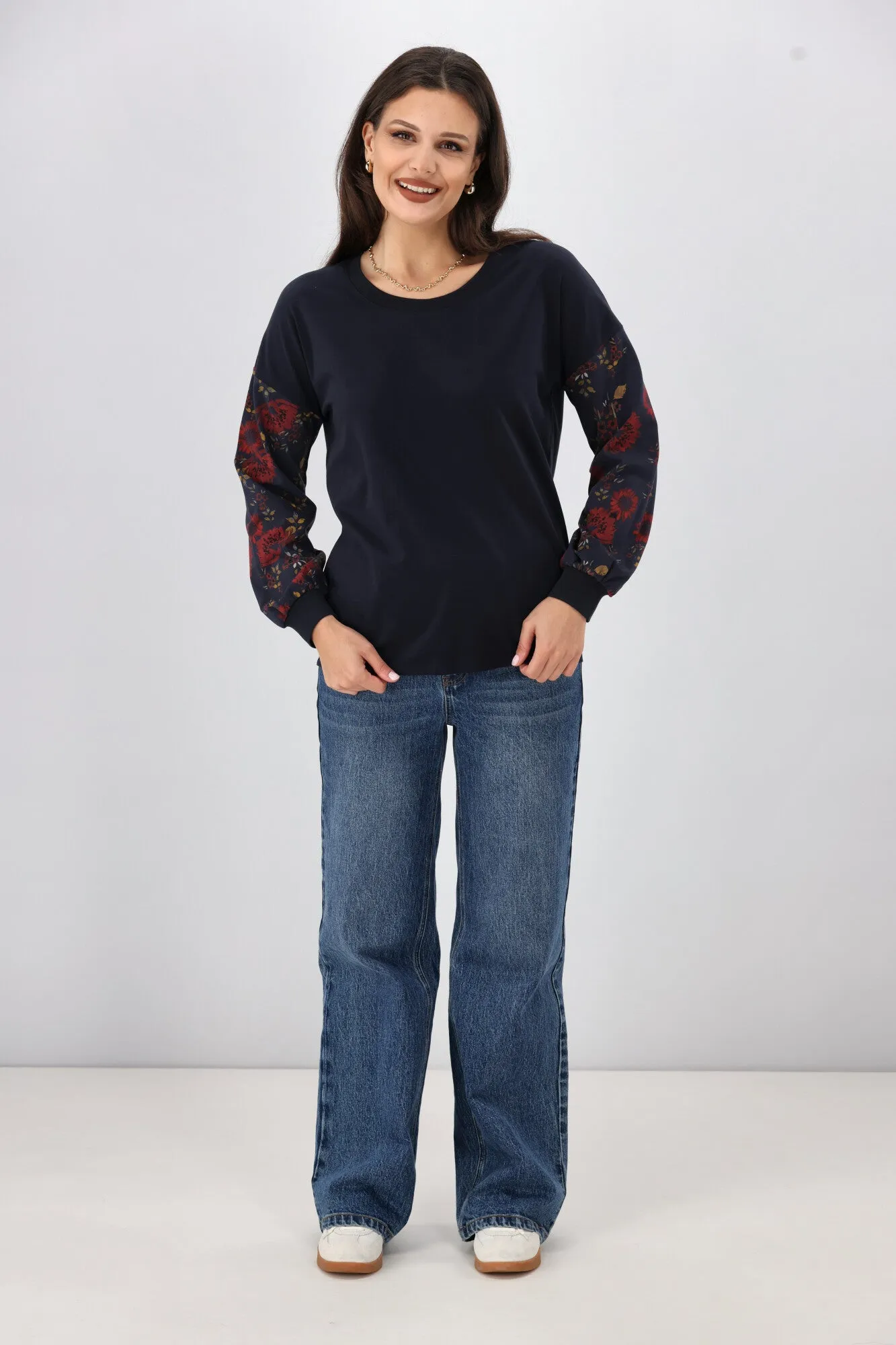 Shine On Label Antigini Crew Neck Top Merlot Floral Stretch waistband