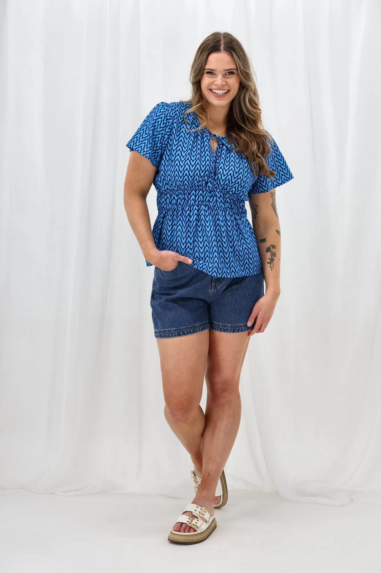 Shine On Label Maddison Empire Waist Blouse Blue Geo Reinforced Stitching FlexibleWaistband