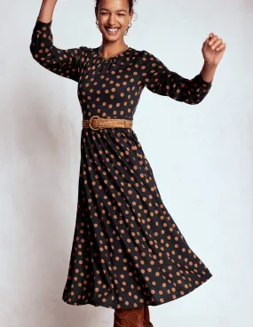 Cozy Touch Sophisticated Waist Fit Alexandra Jersey Midi Dress-Black, Tortoise Shell Dot