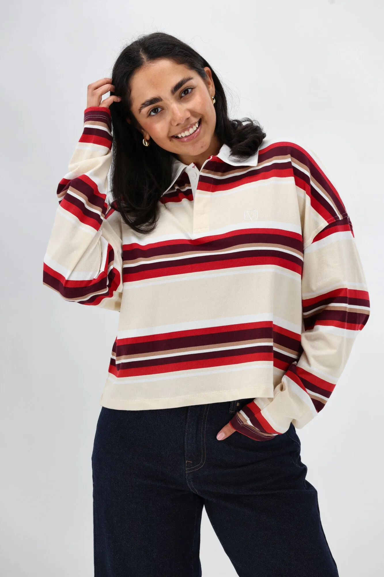All About Eve Addison Rugby Top Berry Placket Detailing