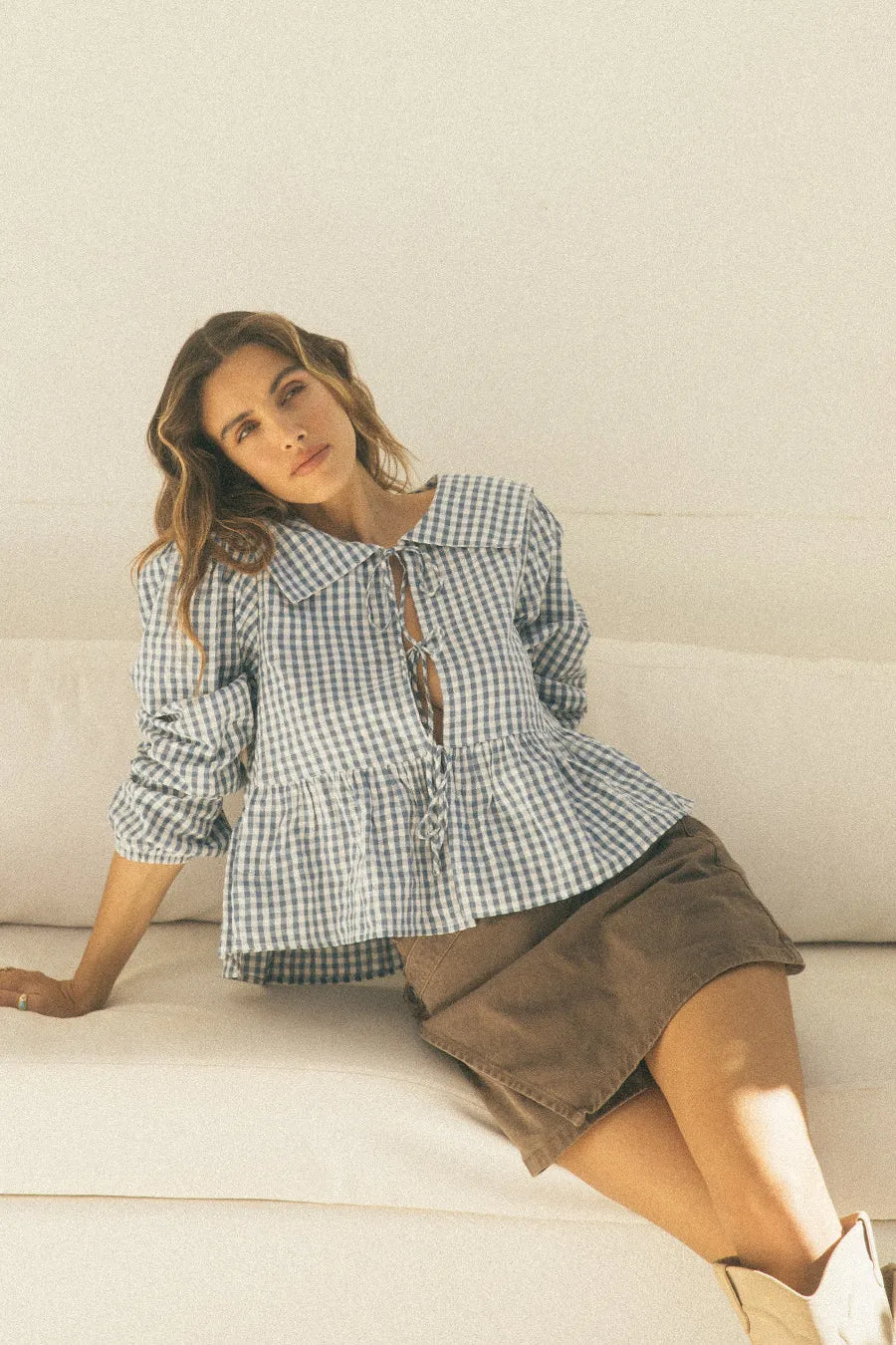 All About Eve Micky LS Top Check Natural Fiber Blend Comfy Layer