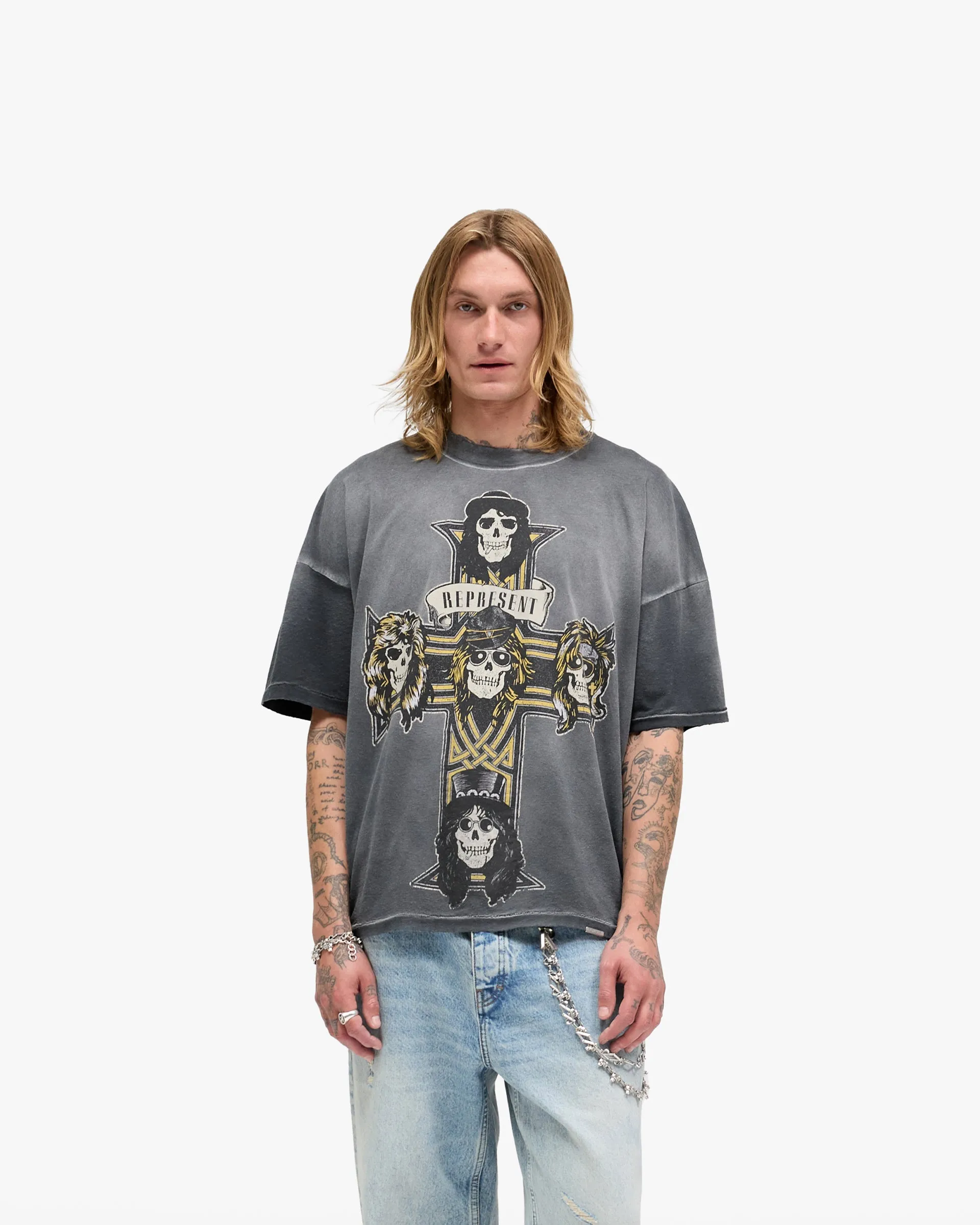 Represent X Guns N' Roses Cross T-Shirt - Stained Black Plus Size