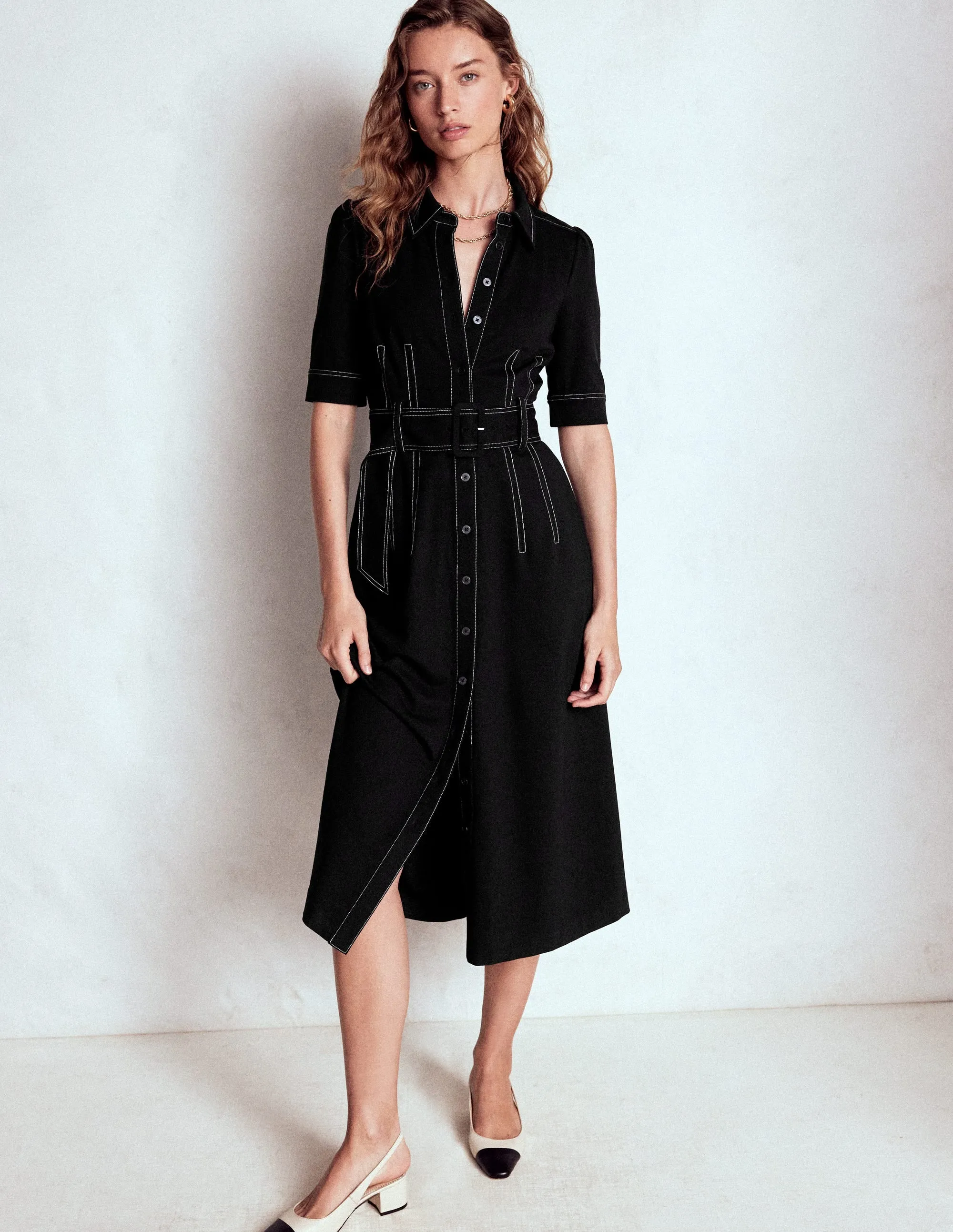 Modern Cut Relaxed and Elegant Anita Ponte Shirt Dress-Black