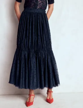 Anna Tulle Midi Skirt-Navy Flocked Spot Creative Fashion Durable Hem