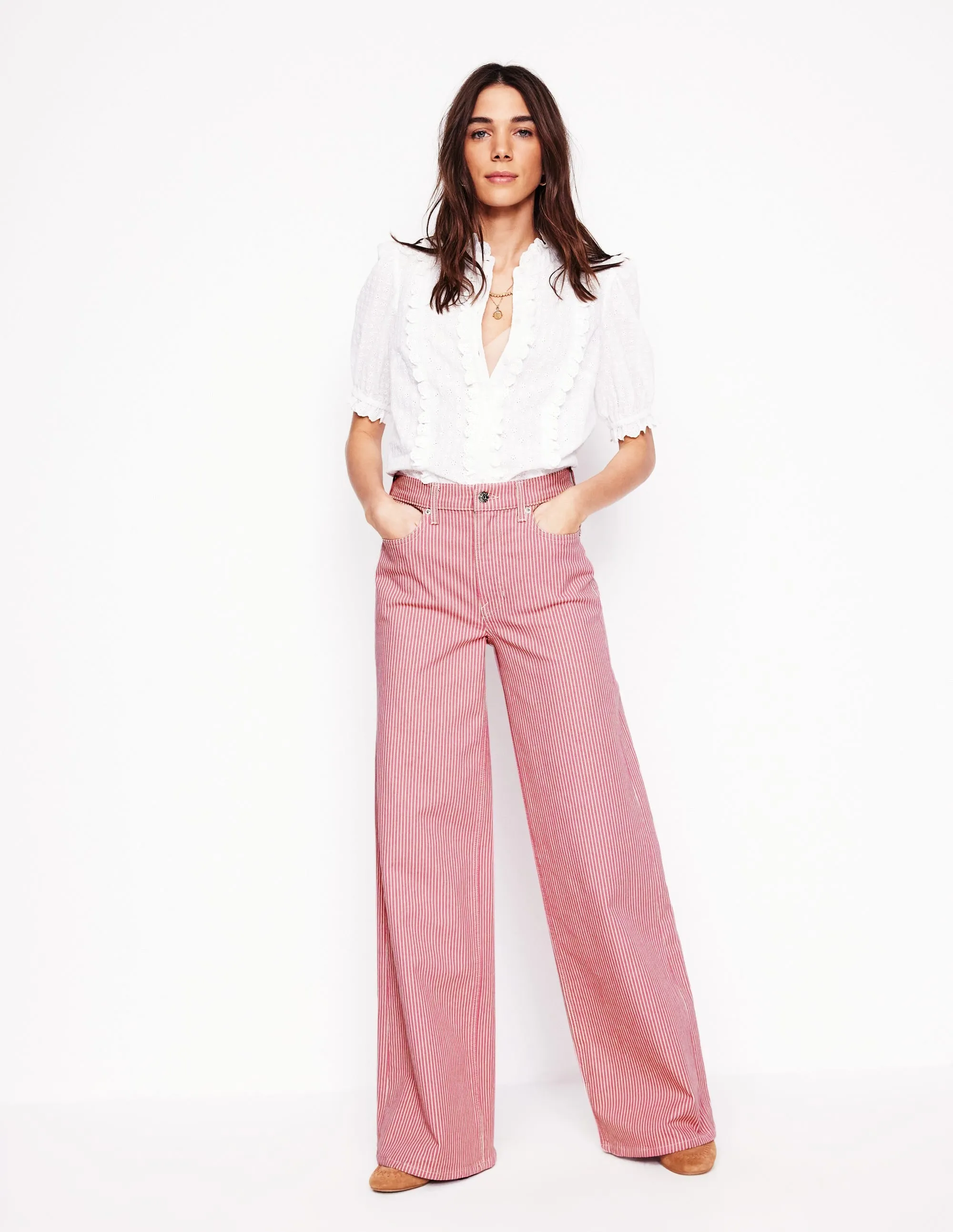 Sleek Waist Design High Rise Wide Leg Jeans-Pink Stripe