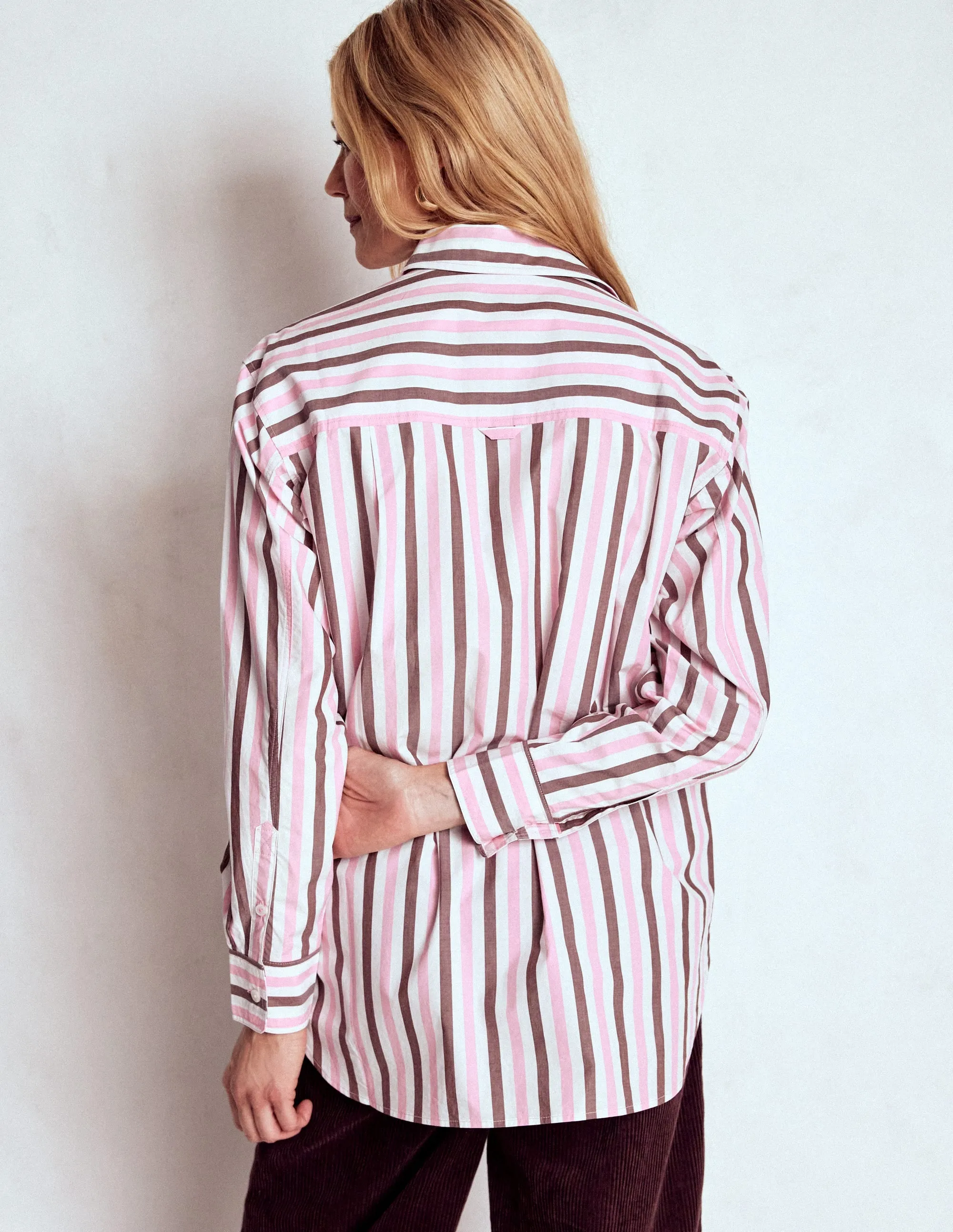Winter Fashion Sadie Relaxed Cotton Shirt-Pink and Chestnut Stripe