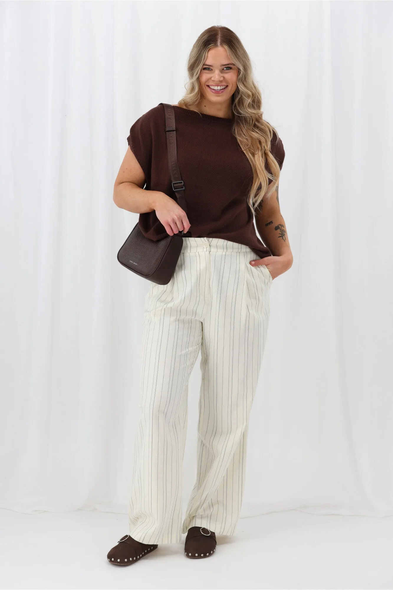 Distressed Texture Ayva Remi Asym Knit Top Chocolate