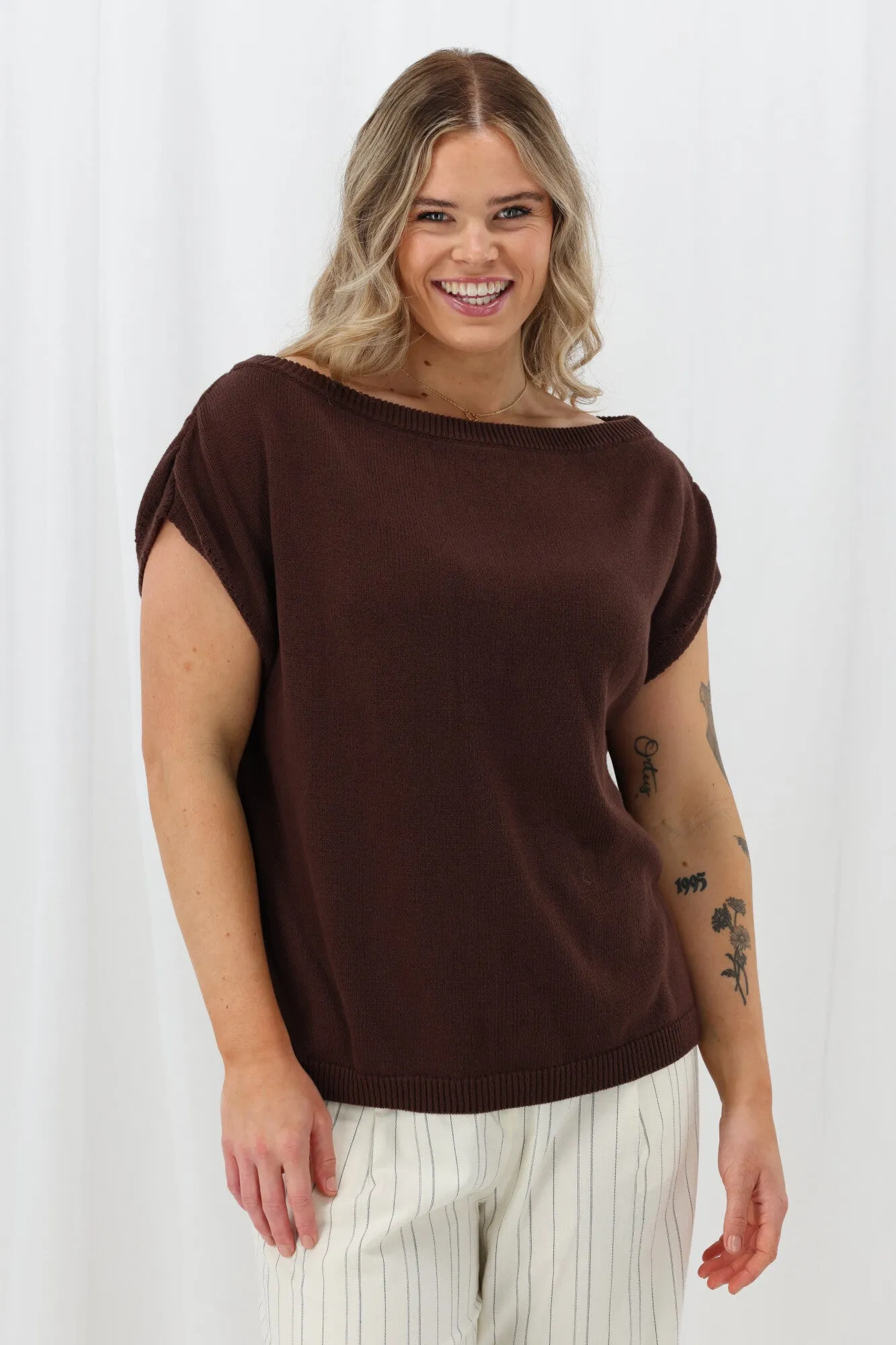 Odor Control Finish ConvertibleCollar Ayva Remi Asym Knit Top Chocolate