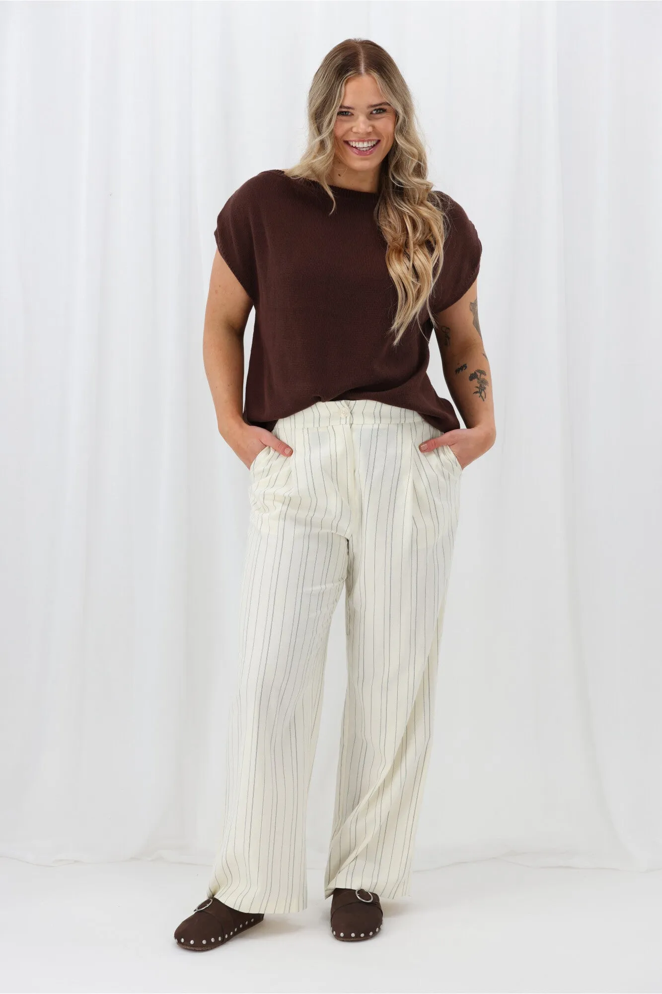 Ayva Remi Asym Knit Top Chocolate Unstructured Fit SelfFabric Binding