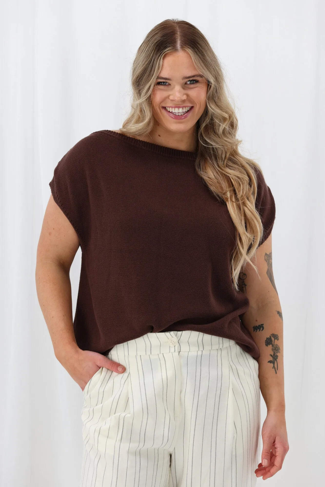 Ayva Remi Asym Knit Top Chocolate Quick Release Fastener Classic Crew Neck