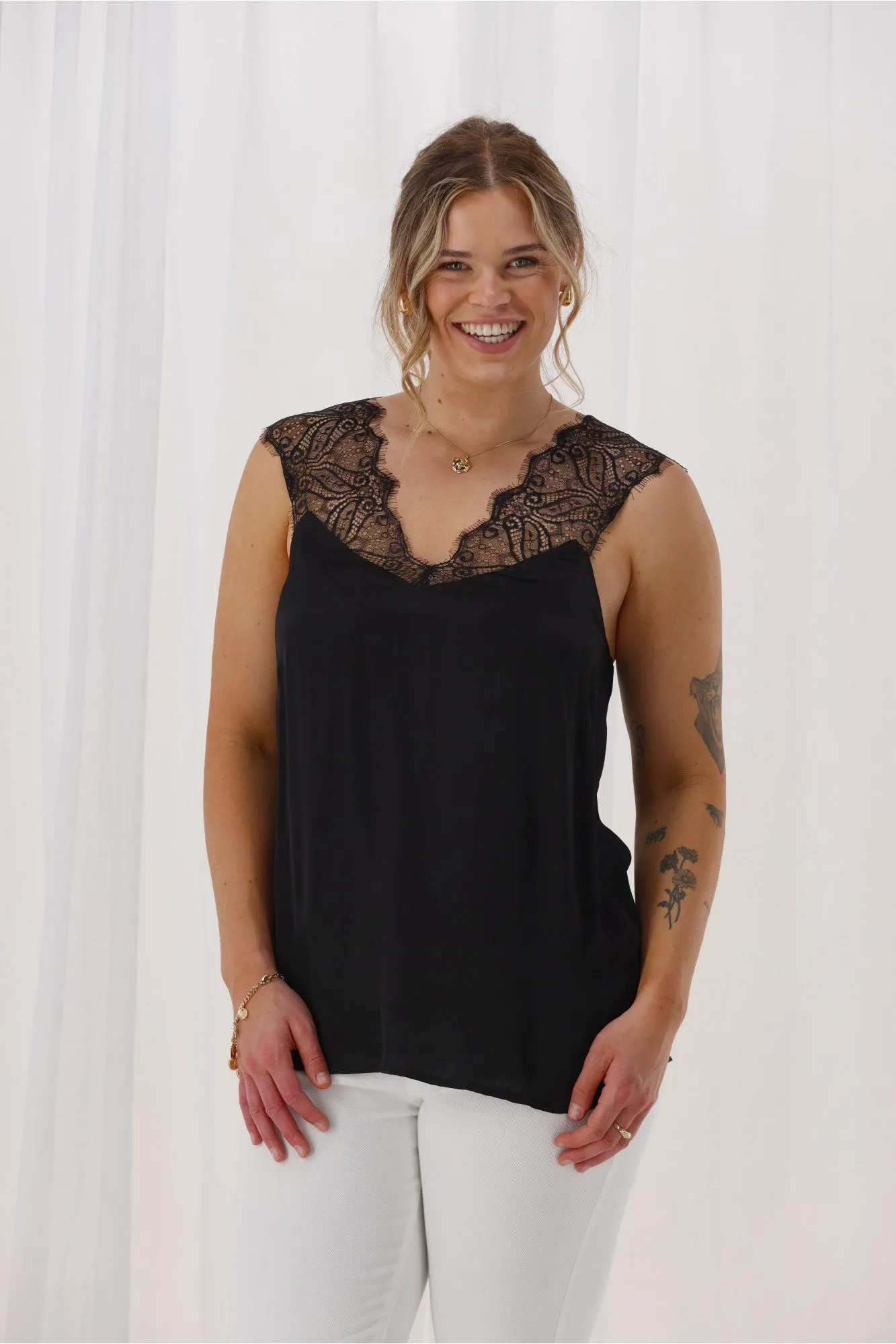 Celebrations By Shine On Carey Lace Trim Cami Satin Black FlexFoamInserts