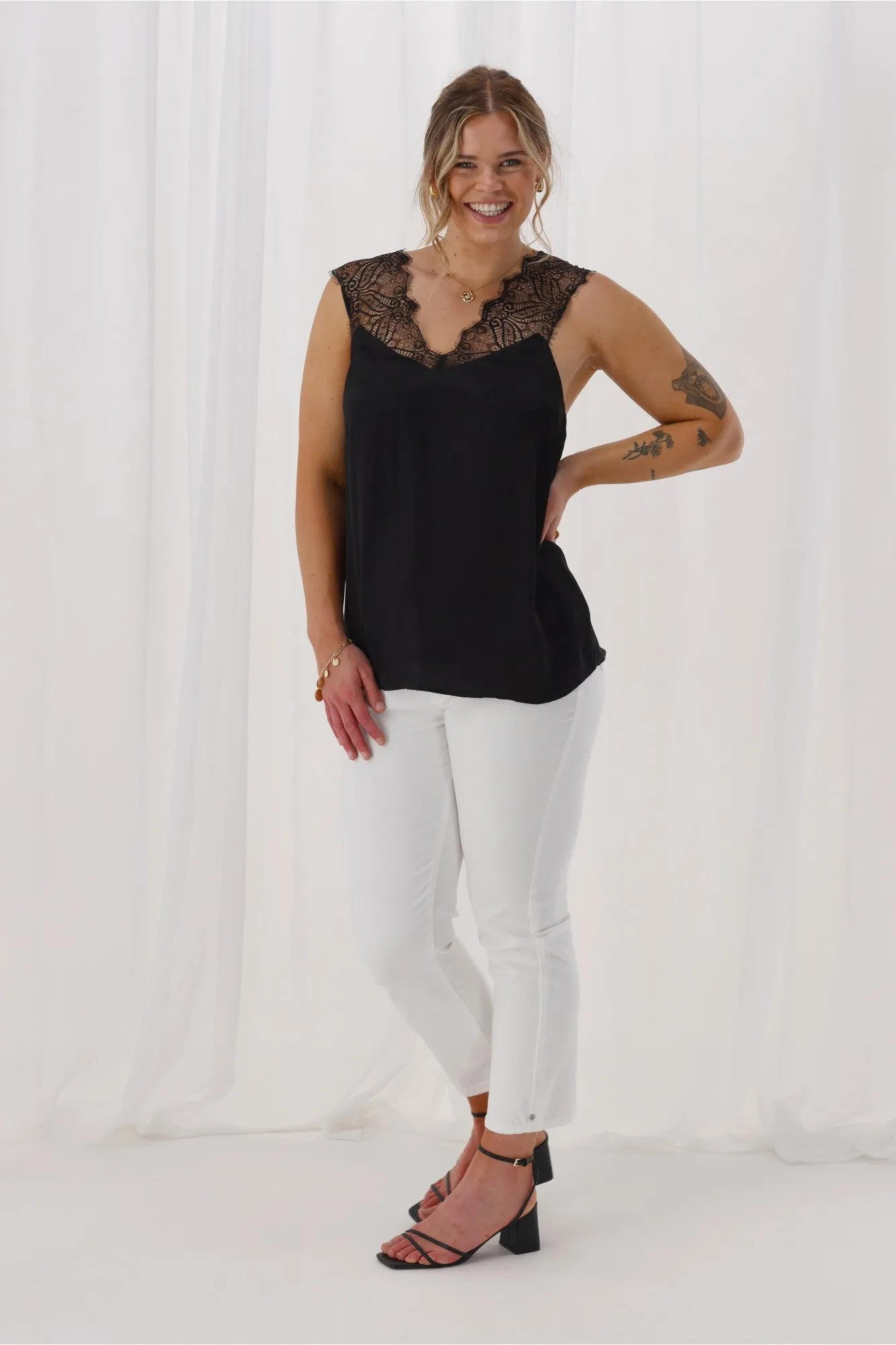 Celebrations By Shine On Carey Lace Trim Cami Satin Black MinimalistDesign Fitted Design