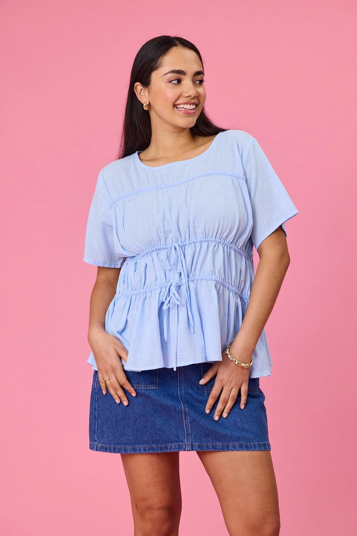 Ayva Lola Top Light Blue ReinforcedHem Silicone Print Detail