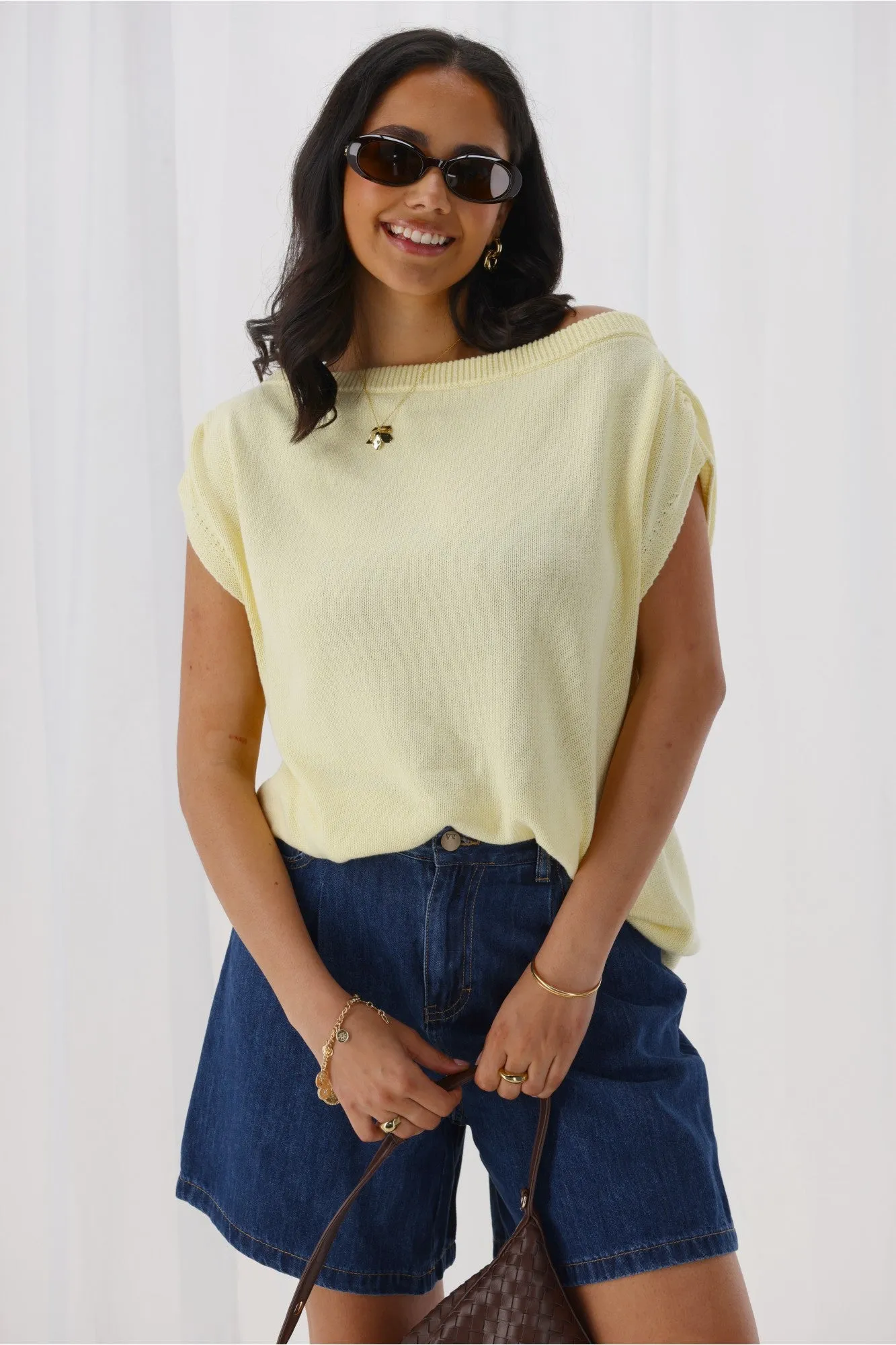 Ayva Remi Asym Knit Top Butter Yellow ReinforcedStitching Sleeveless Top