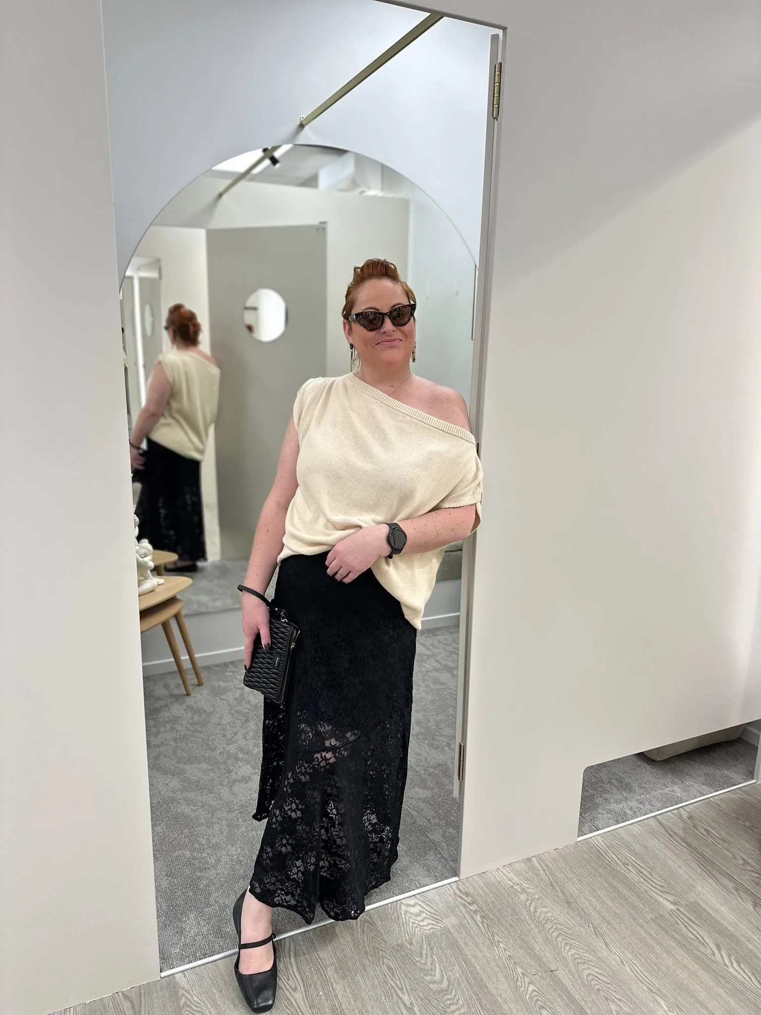 Ayva Remi Asym Knit Top Natural DoubleLayeredCollar Anti Static Weave Technology