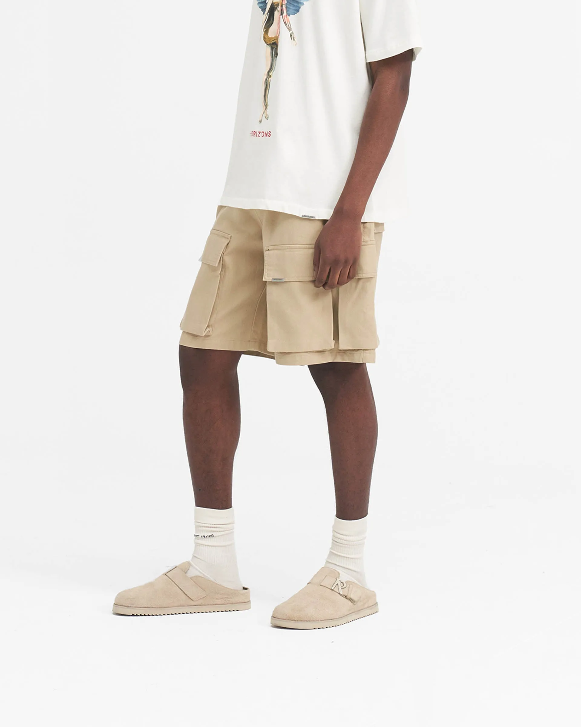 Vintage Look Baggy Cotton Cargo Short - Sandstone