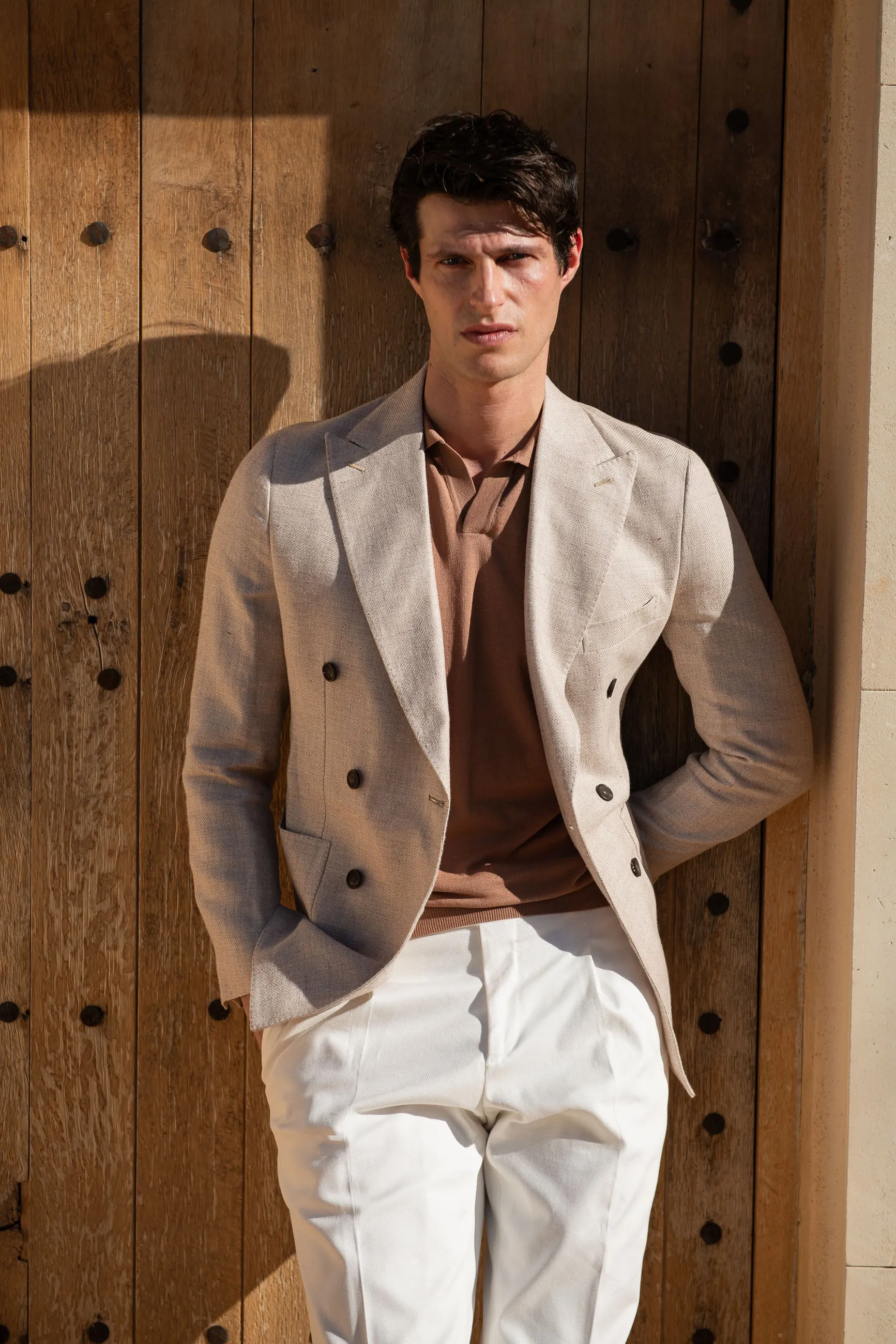 Beige double breasted linen cotton and silk jacket - Made in Italy SustainableCertified