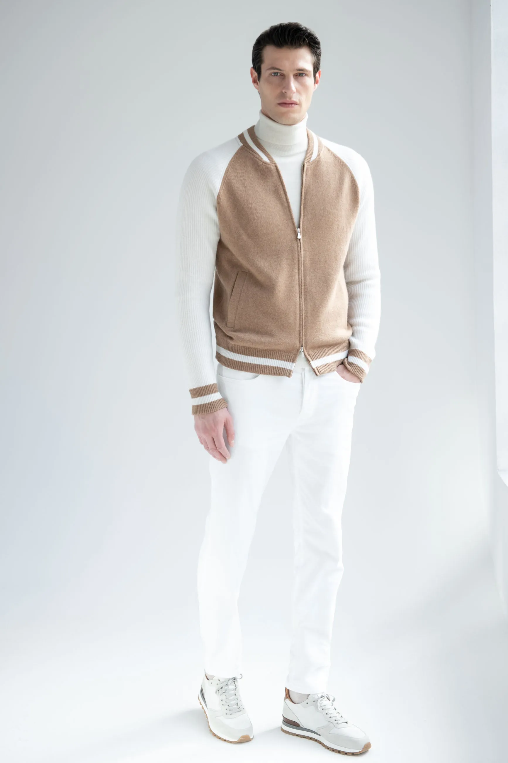 Beige knitted college bomber - Made in Italy Focus Fit Outdoor Shirt