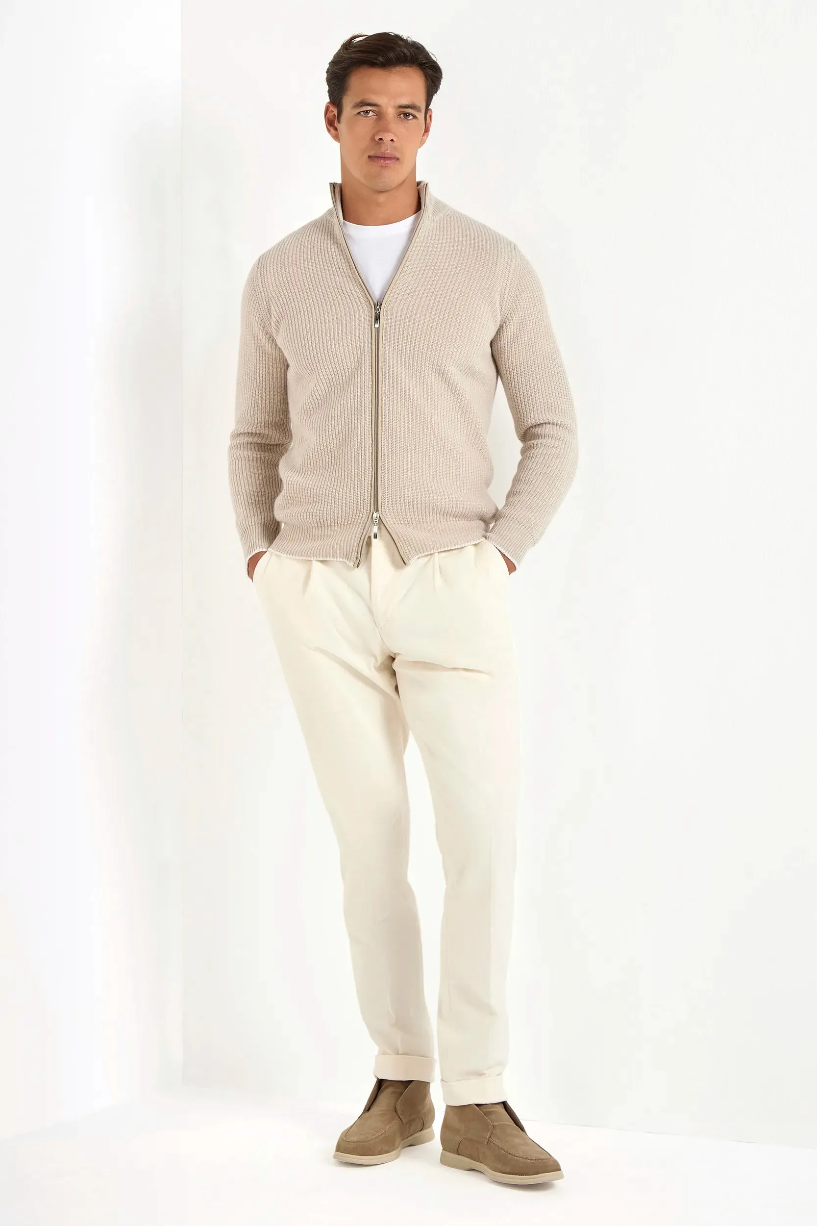 Beige ribbed cashmere blend full zip ?C Made in Italy Handmade Glow Carry Ease