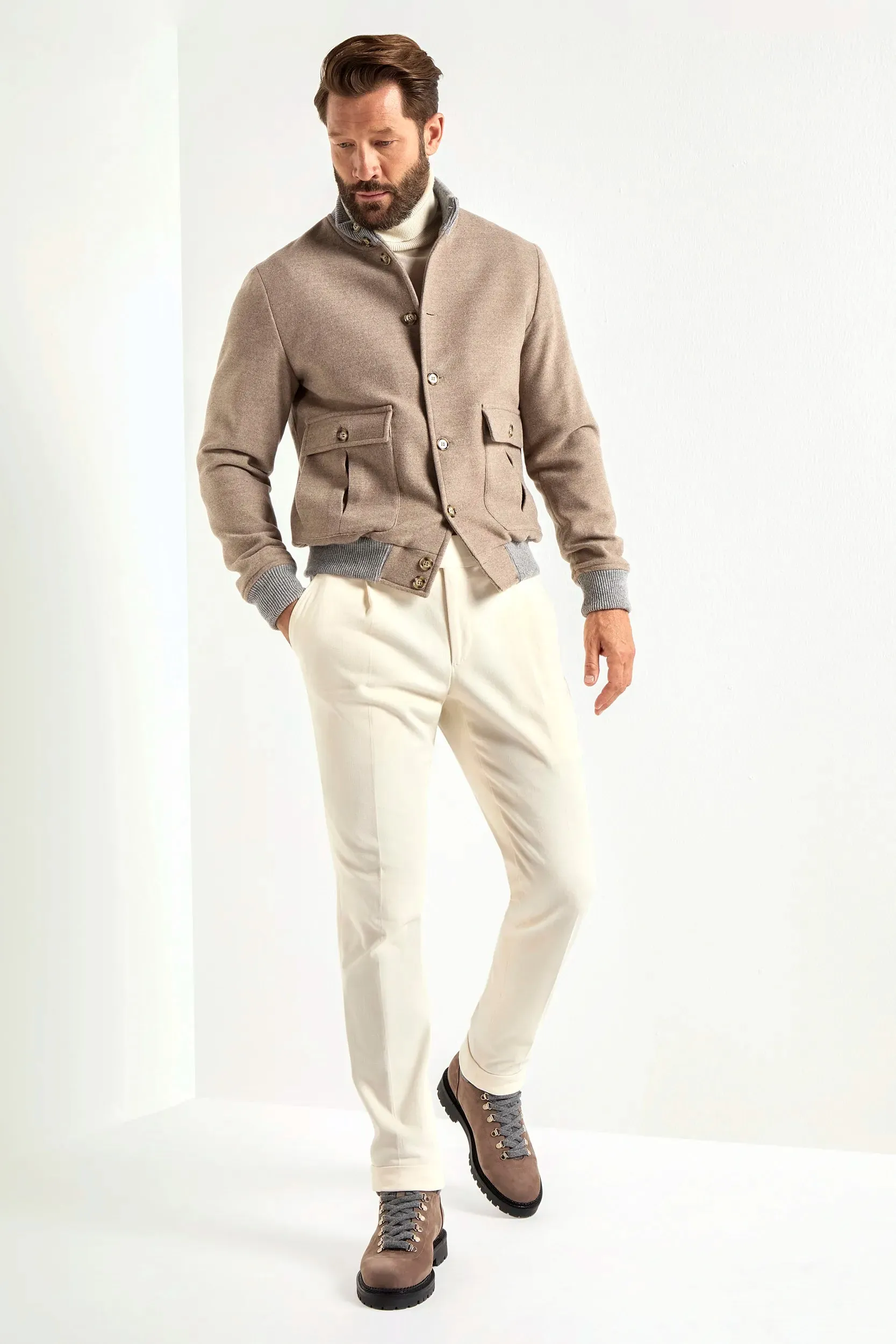 Beige Super 180's wool flannel bomber jacket ?C Made in Italy MoistureWicking Fabric