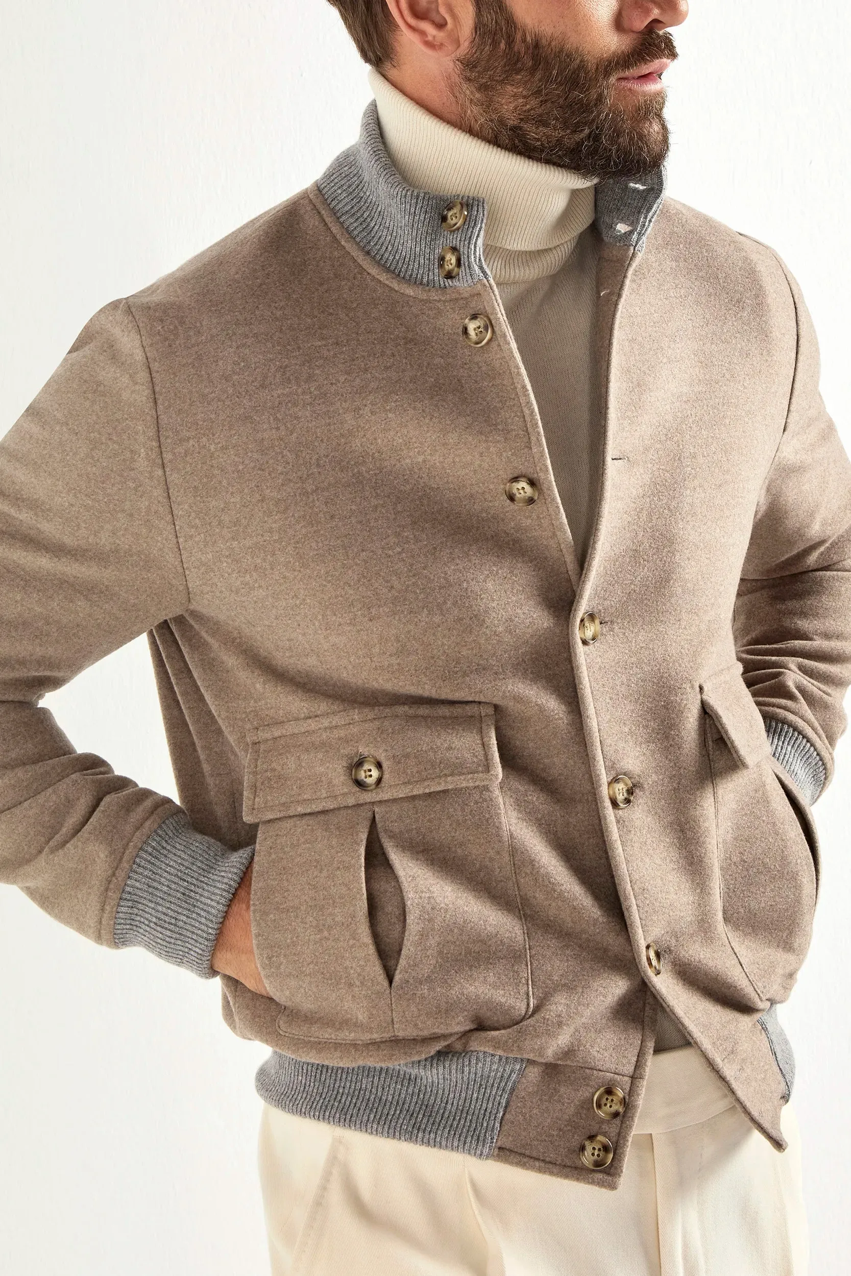 Silver Glow Beige Super 180's wool flannel bomber jacket ?C Made in Italy