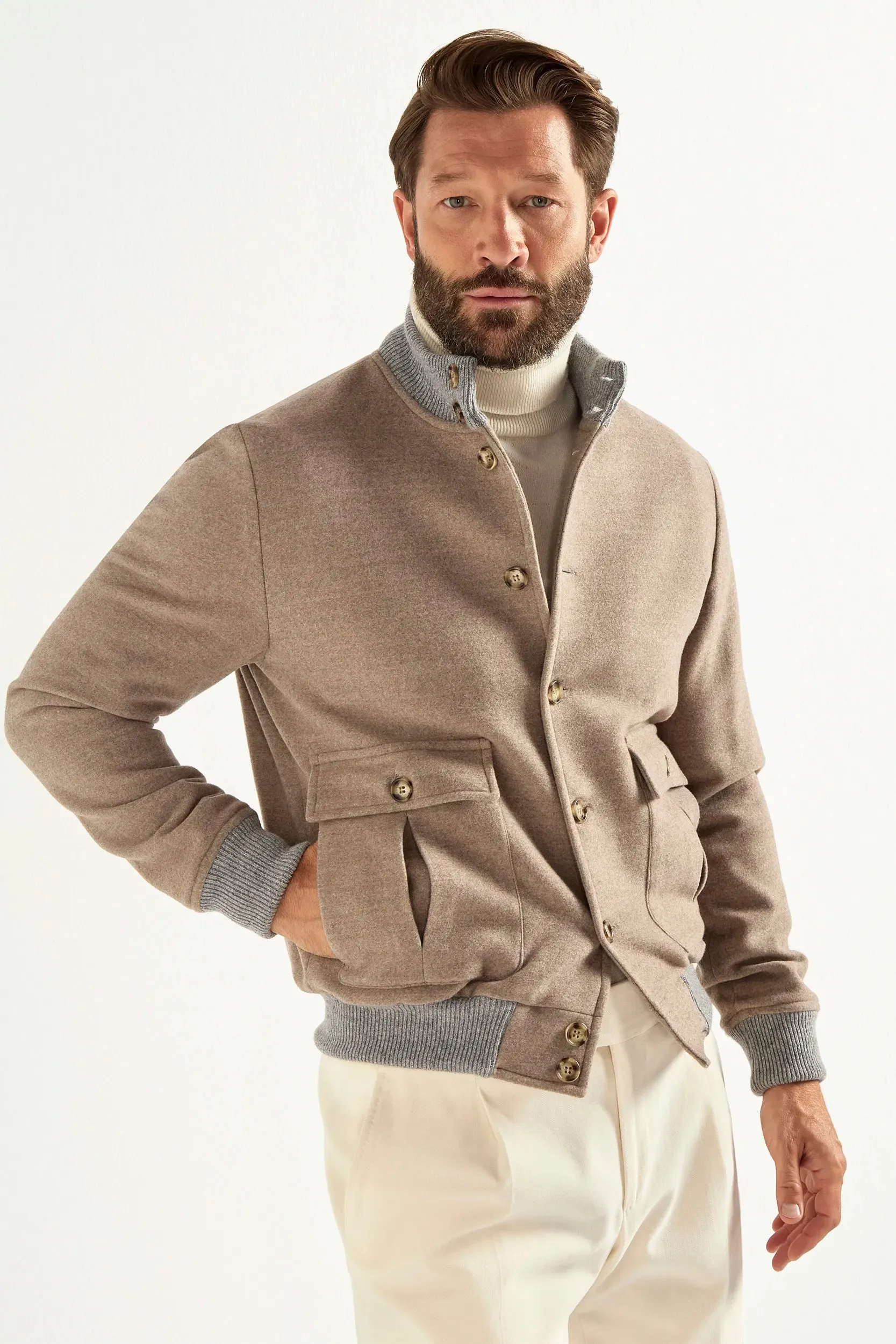 SeamlessFit Breath Skin Beige Super 180's wool flannel bomber jacket ?C Made in Italy