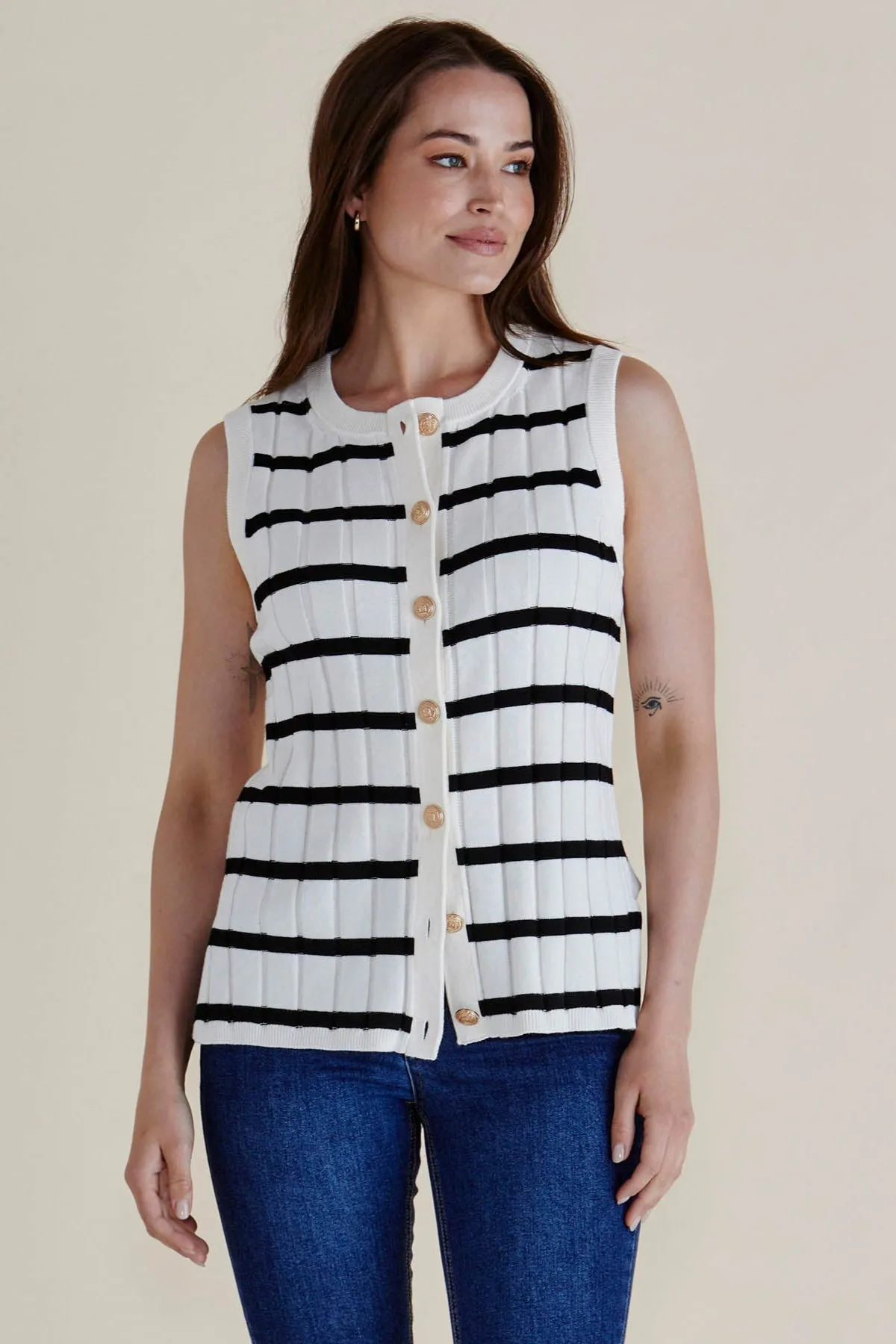 Betty Basics Nicolette Knit Vest Black Stripe AntiFade Treatment UniversalFit