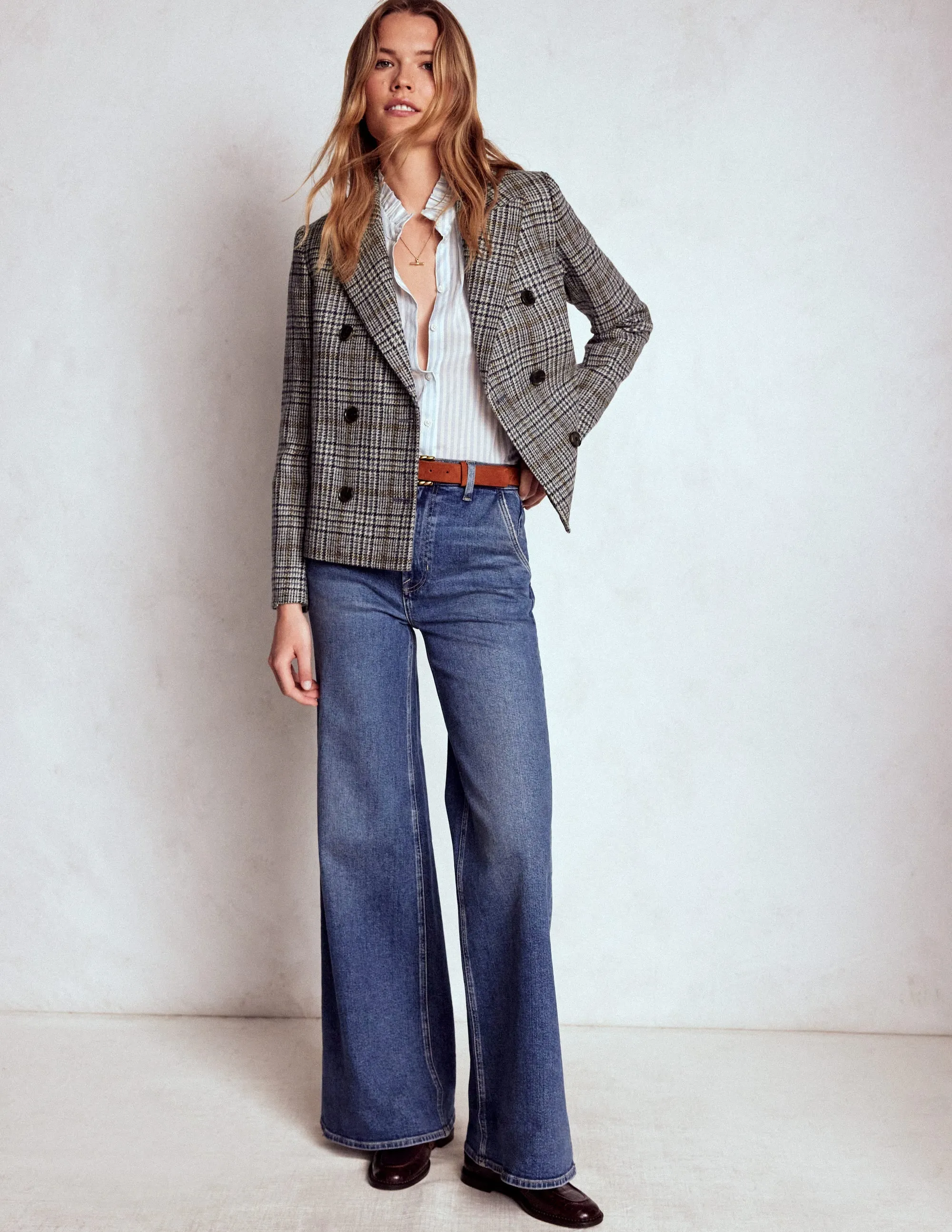 Soft Fleece Lining Chill Weather Boxy Double Breasted Blazer-Blue and Grey Prince of Wales