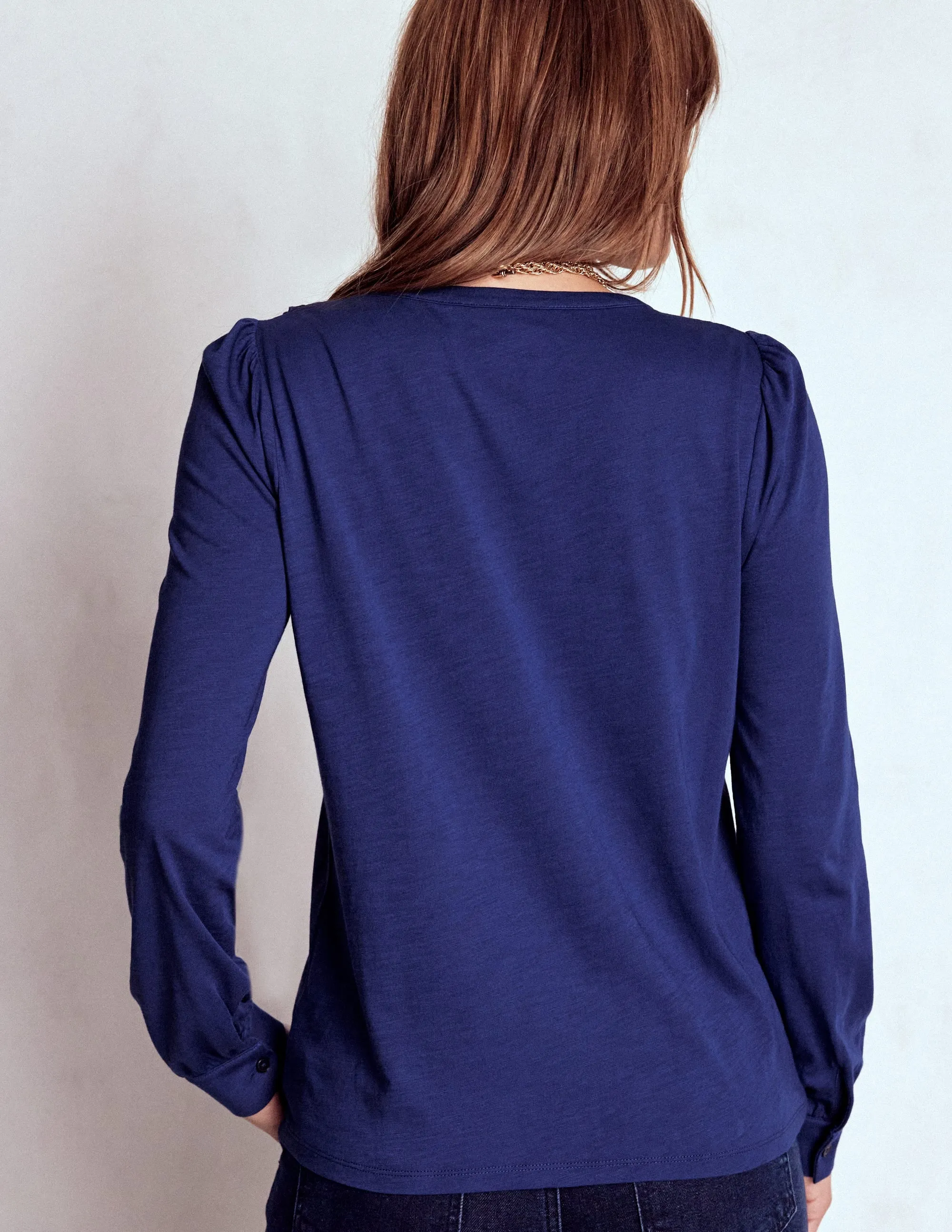 Broderie Ruffle Jersey Shirt-Starboard Blue Perfect Design Practical Style Anti Pilling Textile