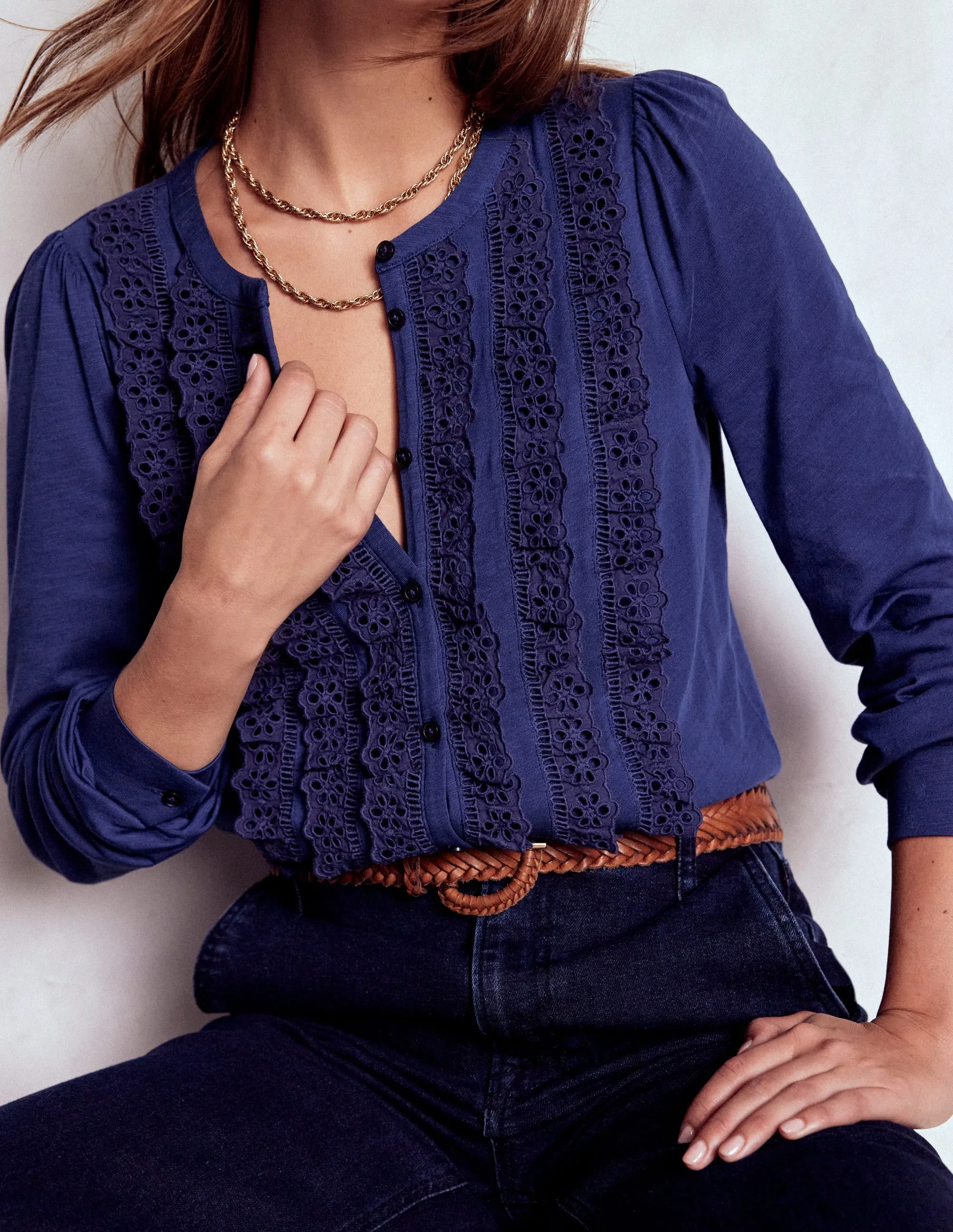 Freedom Move Casual Vibes Broderie Ruffle Jersey Shirt-Starboard Blue Perfect Design