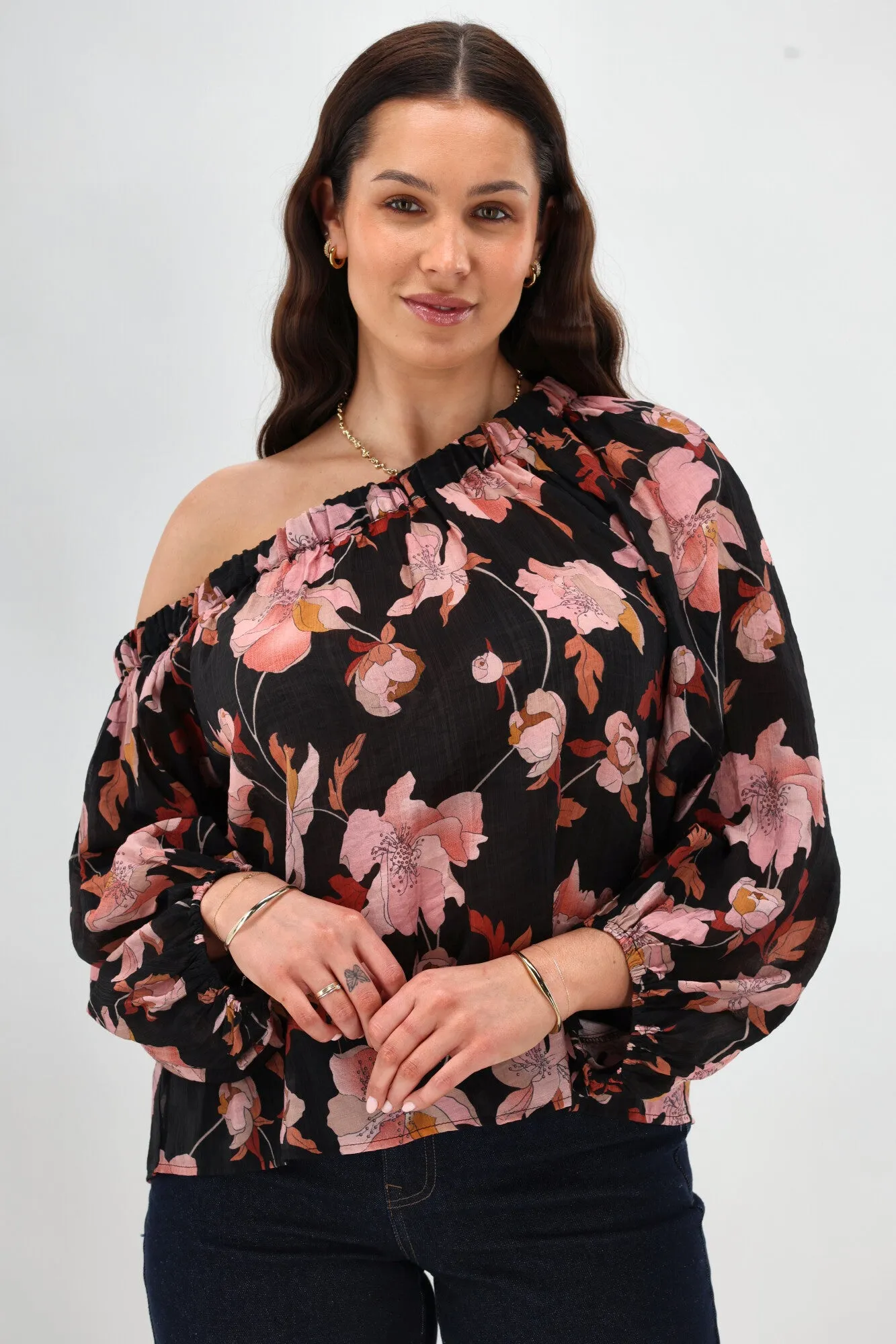 EcoFriendlyMaterial Celebration By Shine On Claudia off the Shoulder Top Black Floral