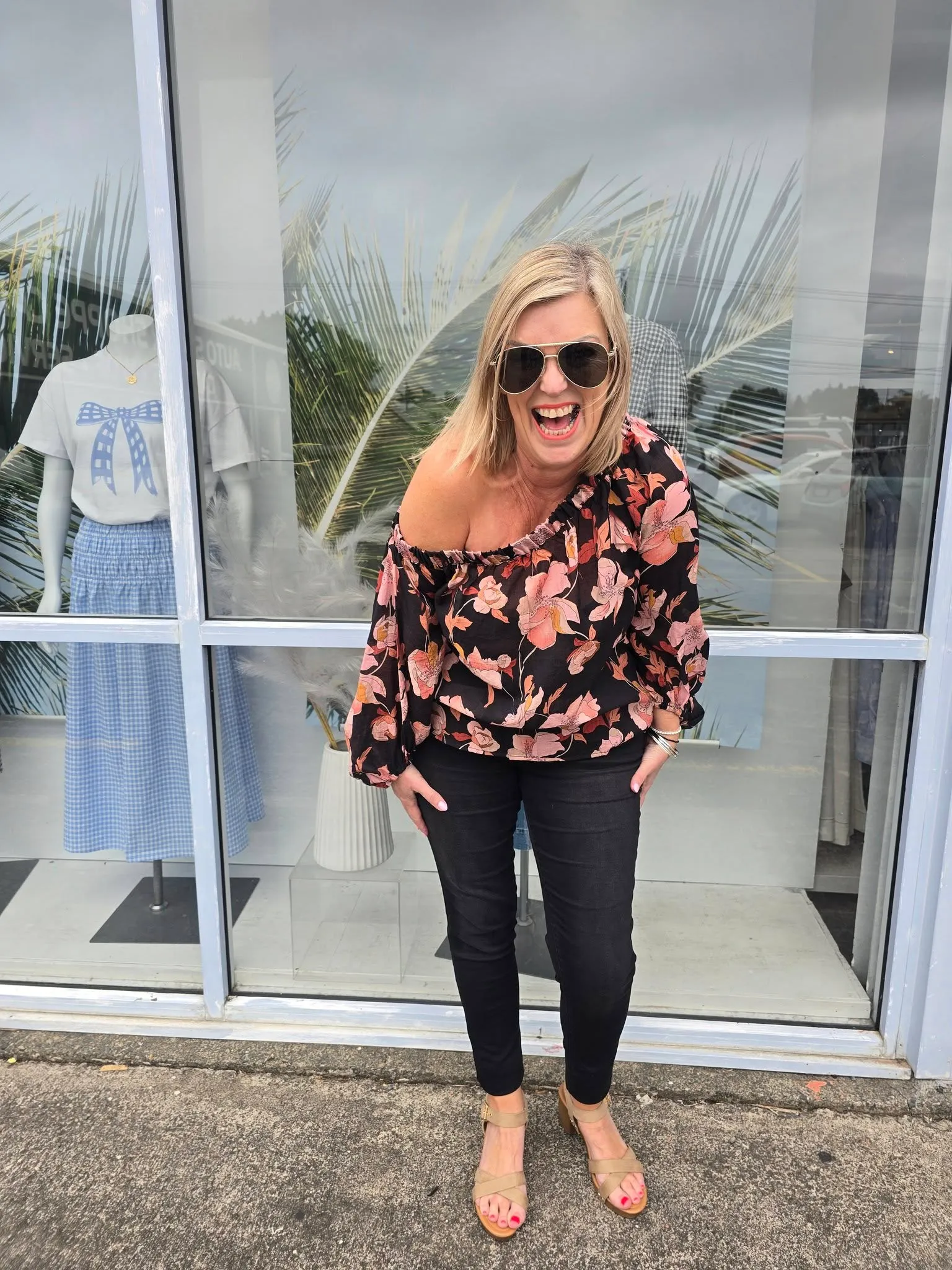 Lightweight Weave Celebration By Shine On Claudia off the Shoulder Top Black Floral