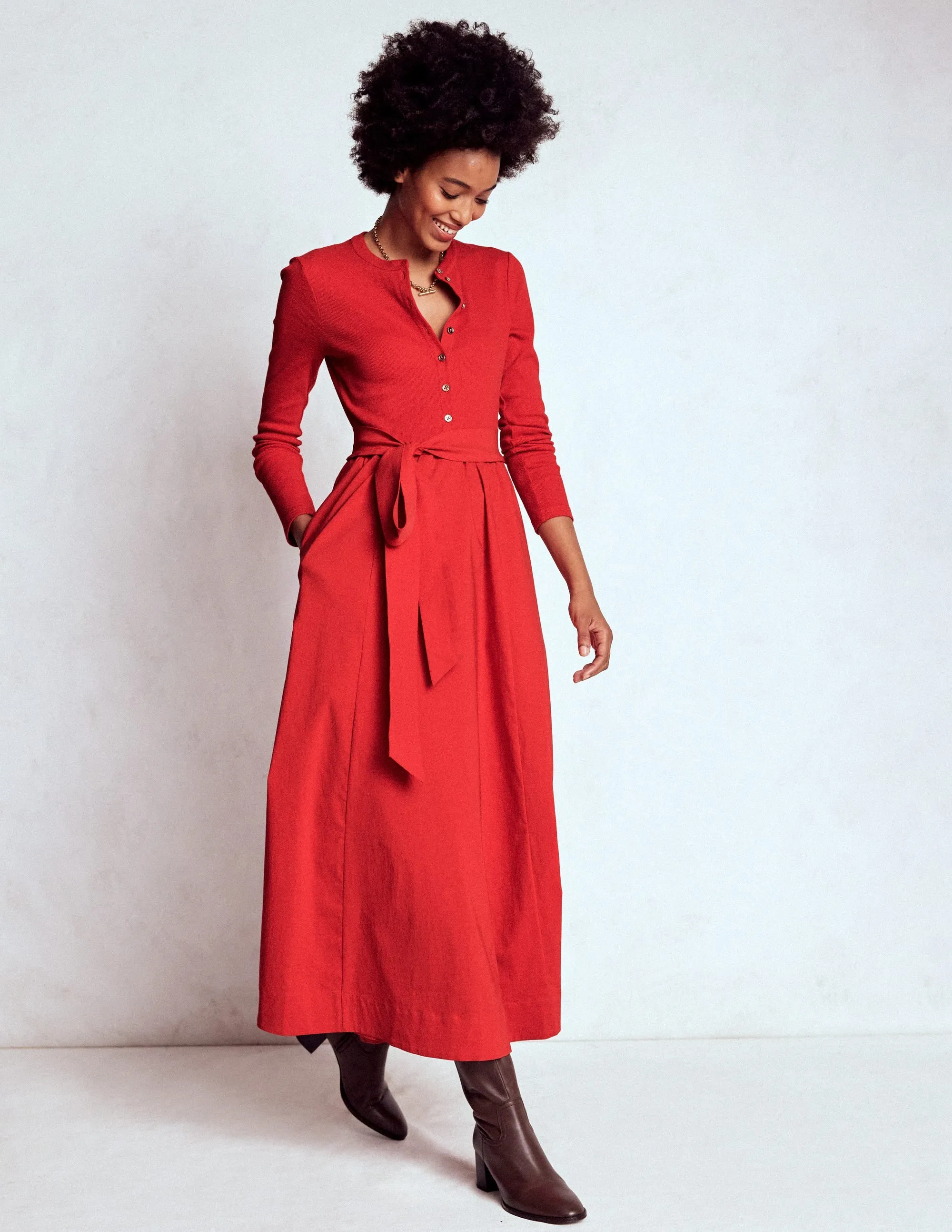 Button Detail Mix Dress-Crimson Red Chill Lines Matte-Lining