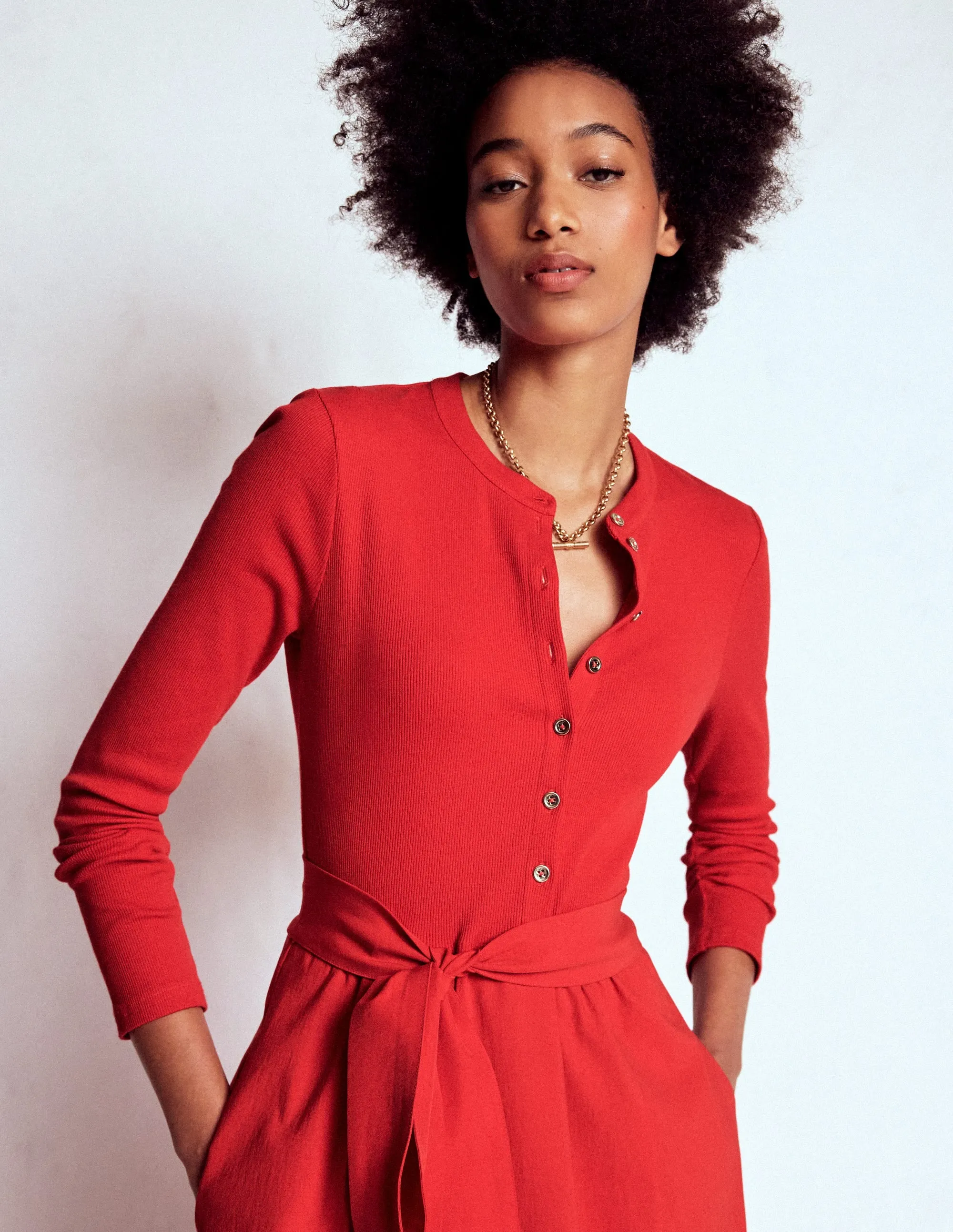 Soft Air Natural Flow Button Detail Mix Dress-Crimson Red