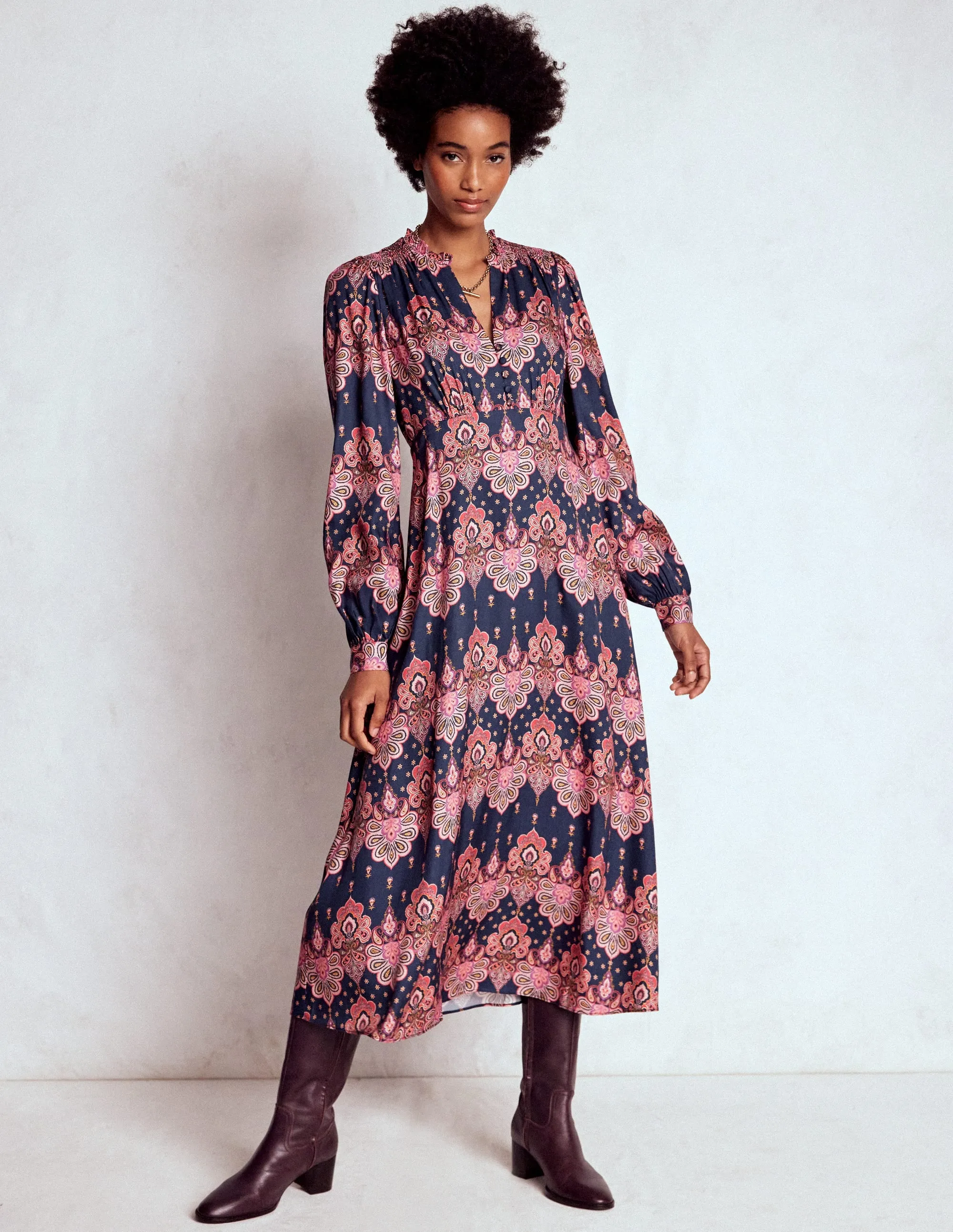 Clear Blush Fold-Over-Detail Cassie Smocked Tea Dress-Navy, Embellished Paisley