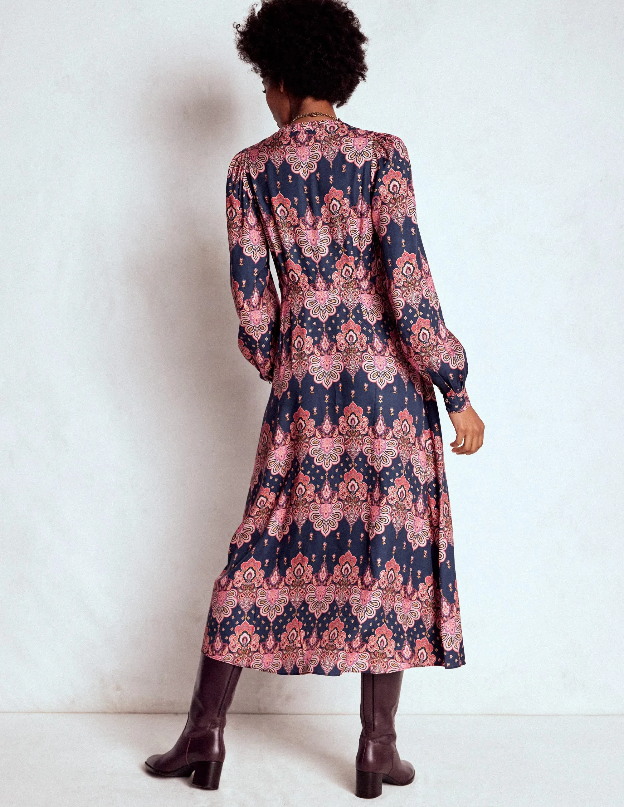 Cassie Smocked Tea Dress-Navy, Embellished Paisley Water-Repellent-Finish
