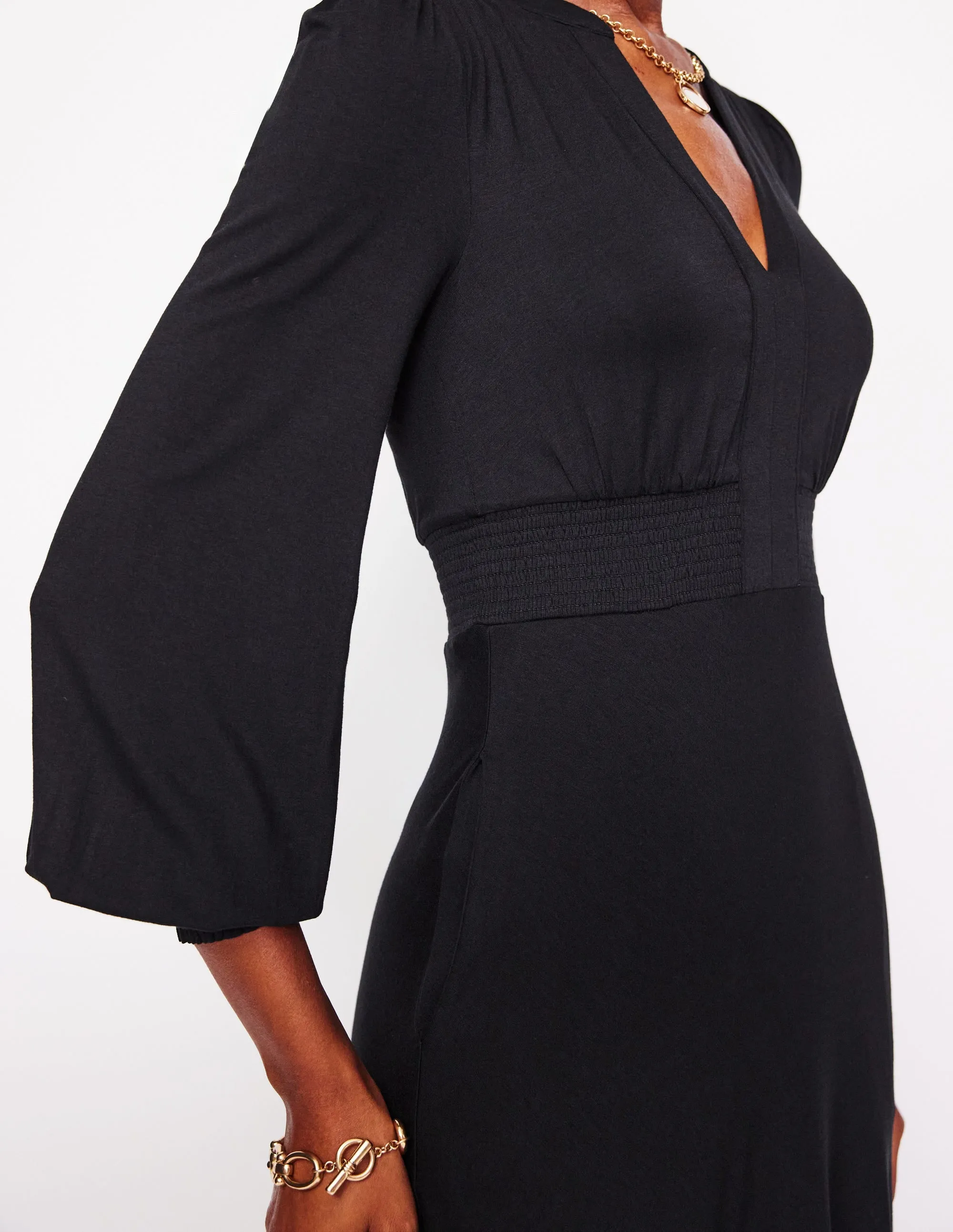 Sleek Comfort Classic Fit Ivy Smocked Midi Dress-Black