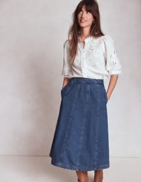Joy Panelled Denim Skirt-Mid Wash Timeless Wear Summer Outfit