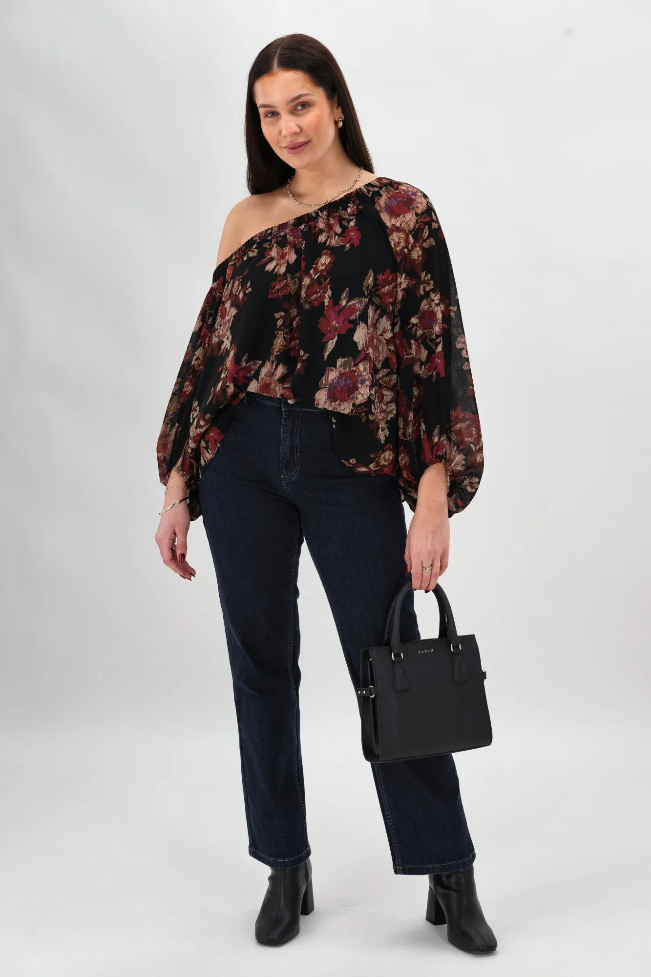 AllDay Comfort Design Temperature Regulating Textile Celebration By Shine On Giselle Off the Shoulder Top Floral Black