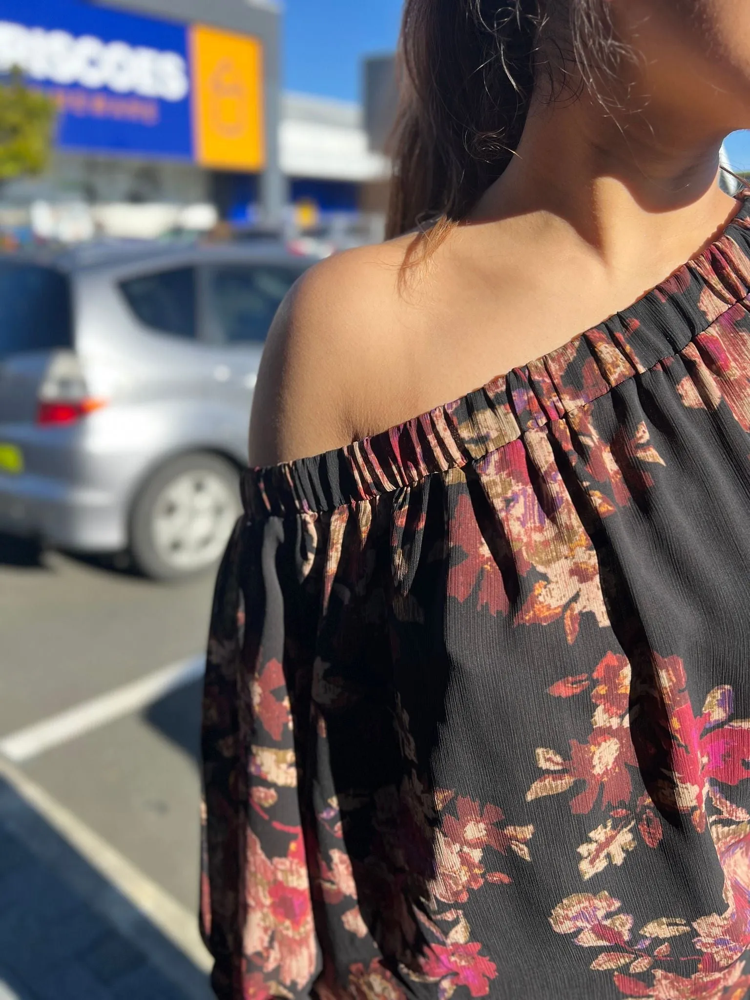 Celebration By Shine On Giselle Off the Shoulder Top Floral Black Quick Access Zipper