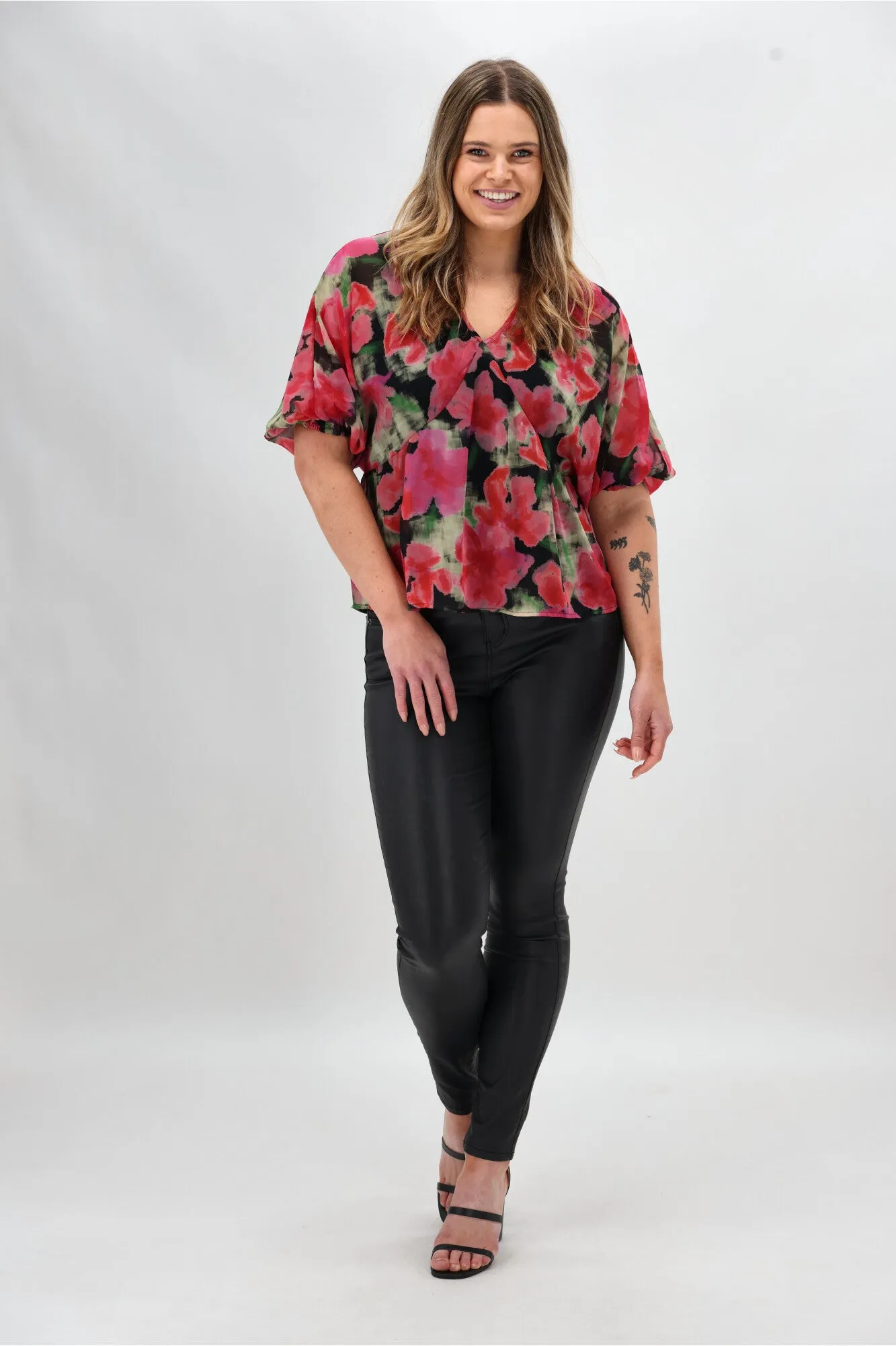 wrinkle free finish Celebration By Shine On Yasmin Top Floral Pink Black