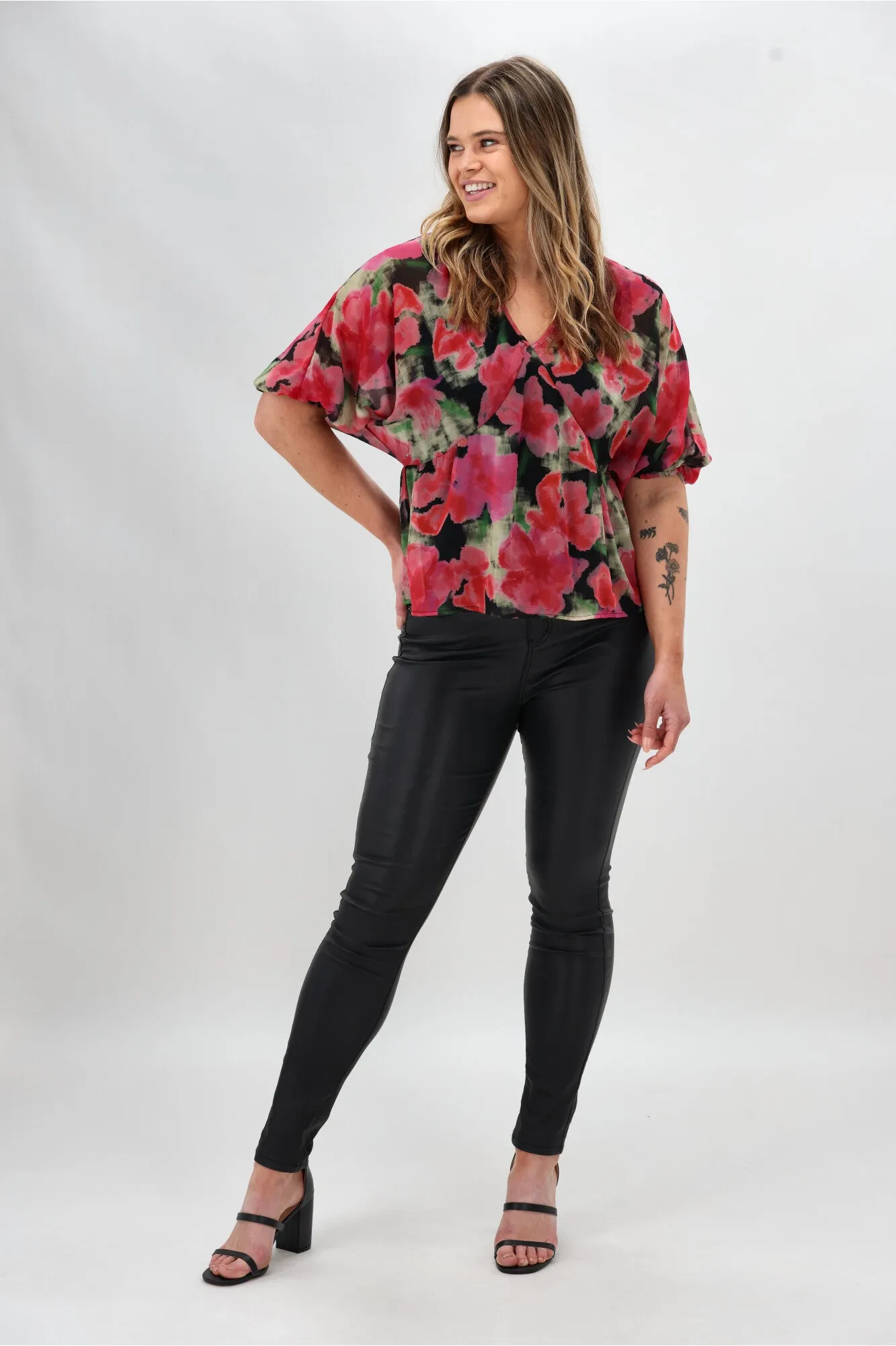 Celebration By Shine On Yasmin Top Floral Pink Black Reinforced Stitching Shape Retention Fabric