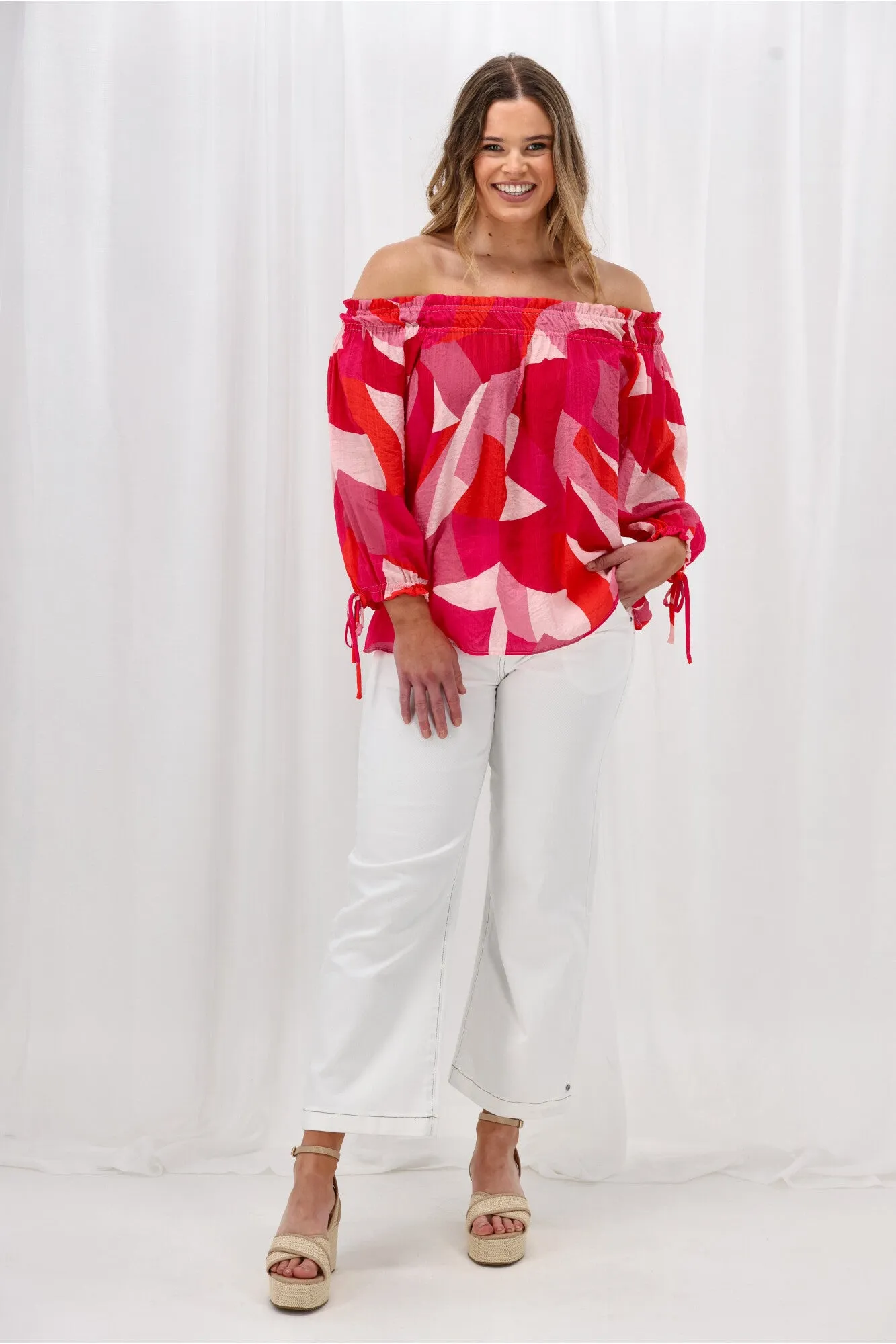 Celebration Eddie Blouse Geo Print Pink Orange MultiPanelConstruction FasteningHood