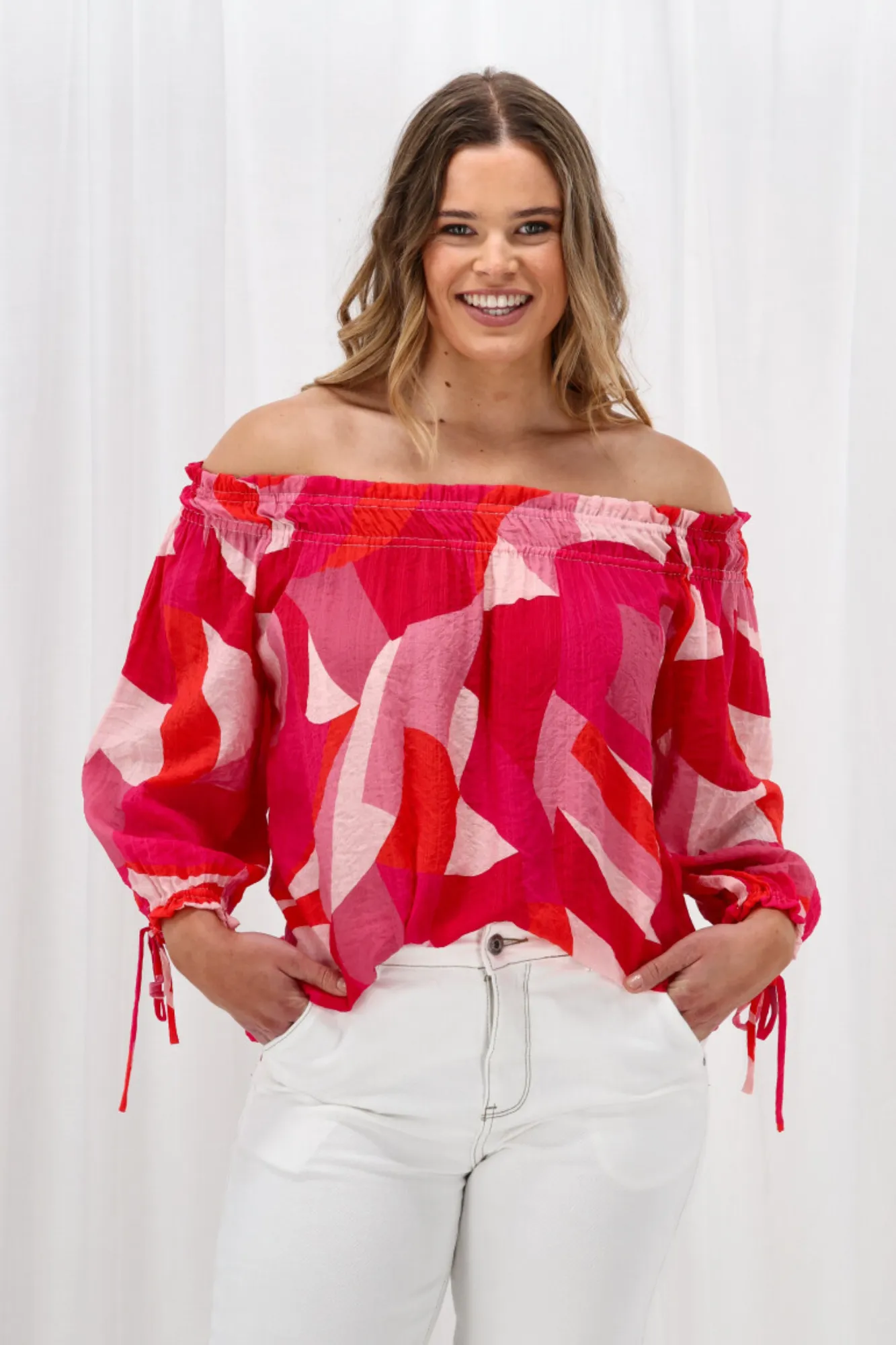 Celebration Eddie Blouse Geo Print Pink Orange UVProtection Coating HeavyweightThermal