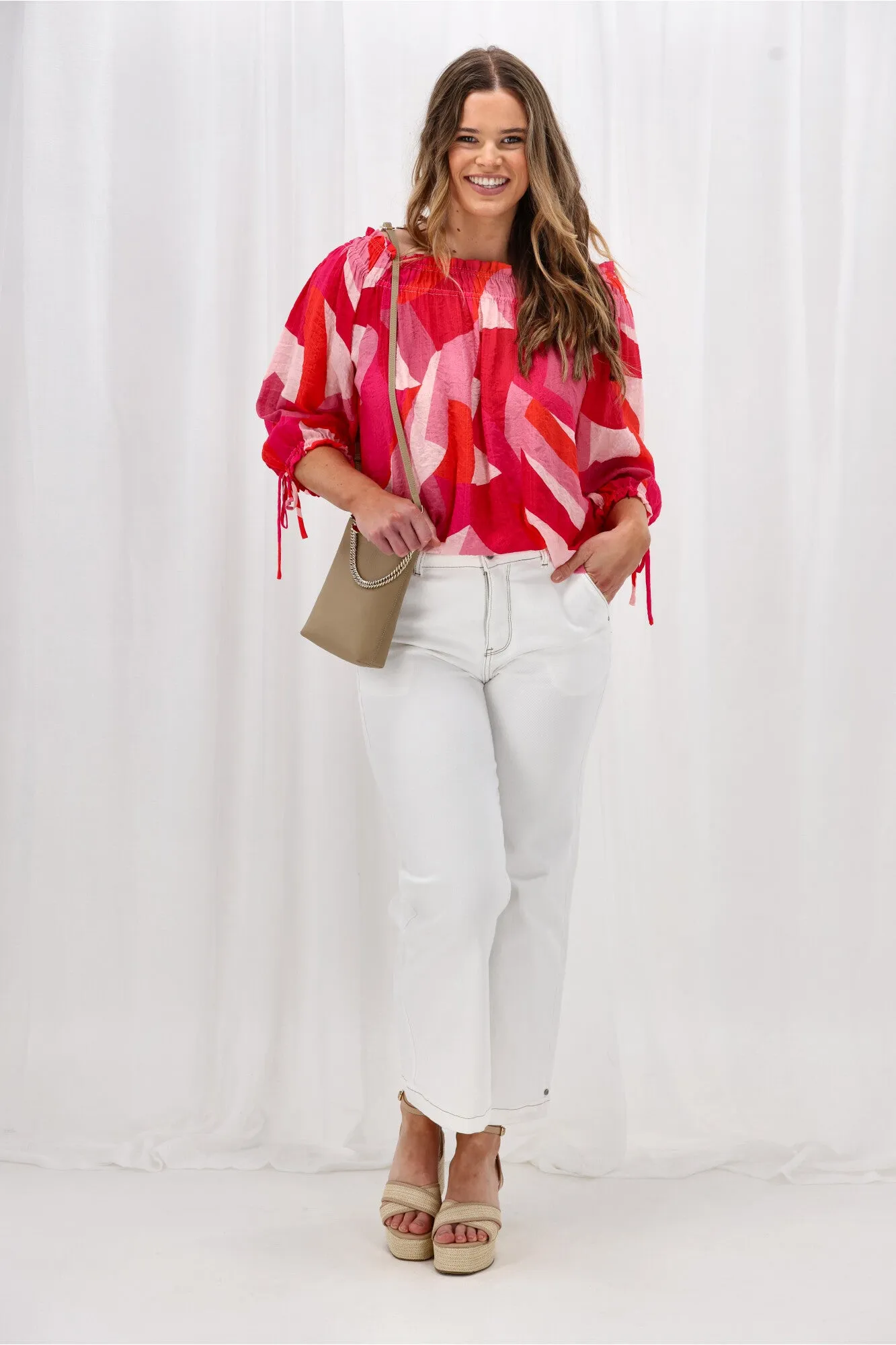 AntiFade Treatment Quick Dry Feature Celebration Eddie Blouse Geo Print Pink Orange